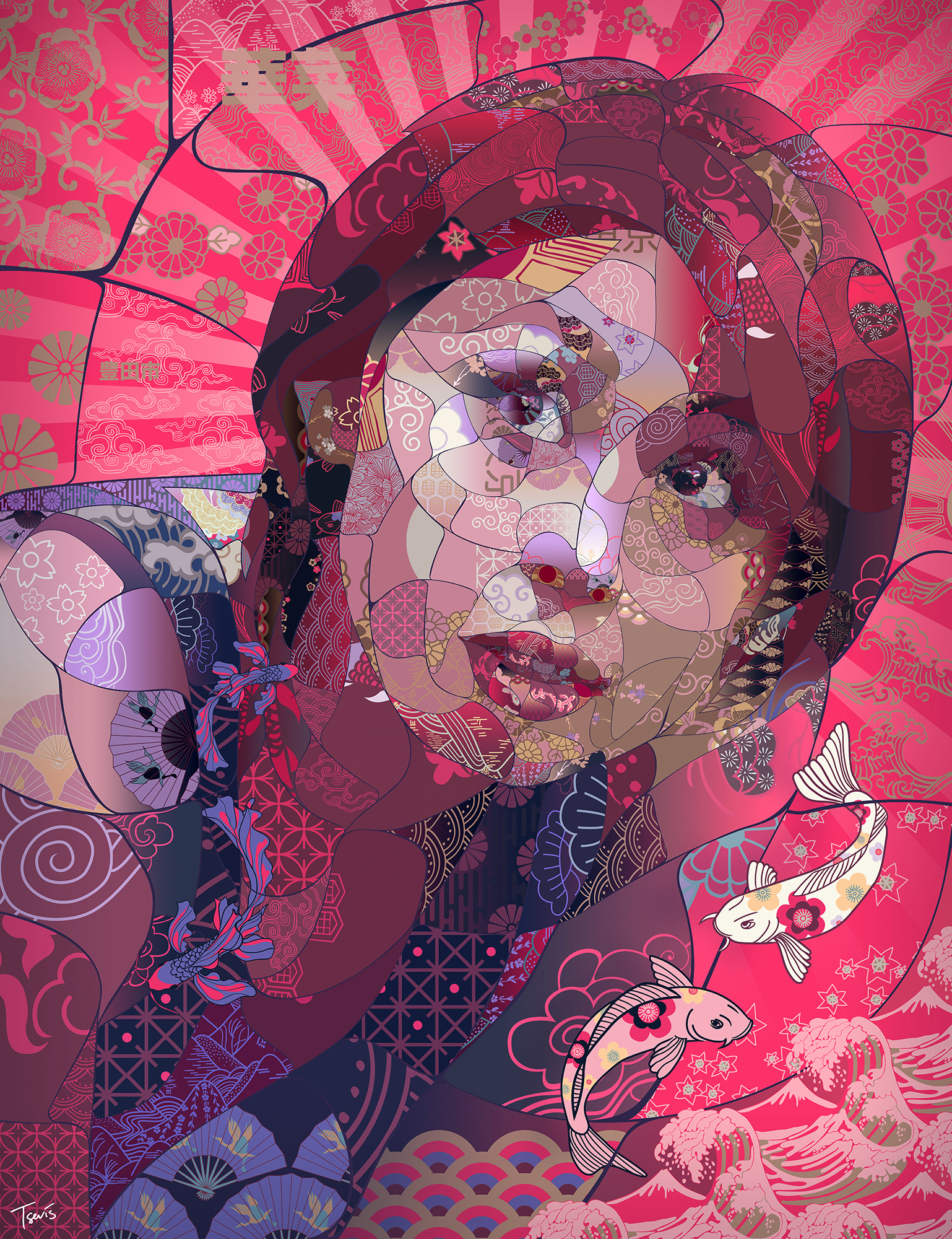 A Japanesque mosaic portrait of Japanese athlete Kana Ichikawa, 市川 華菜, sports illustration