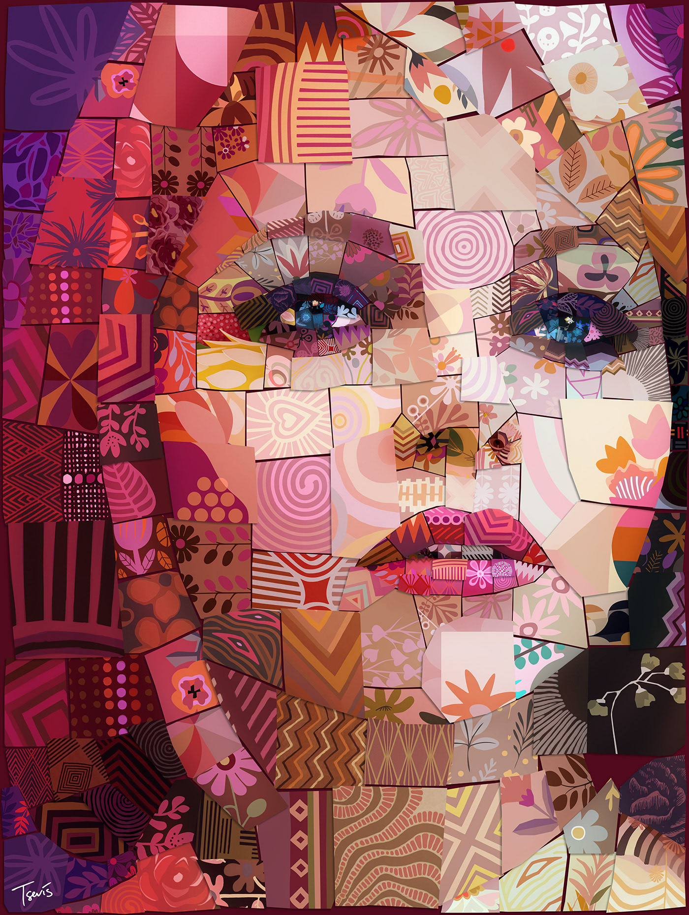 Digital pattern mosaic capturing the intersection of identity and color. Girl's portrait in pink colors
