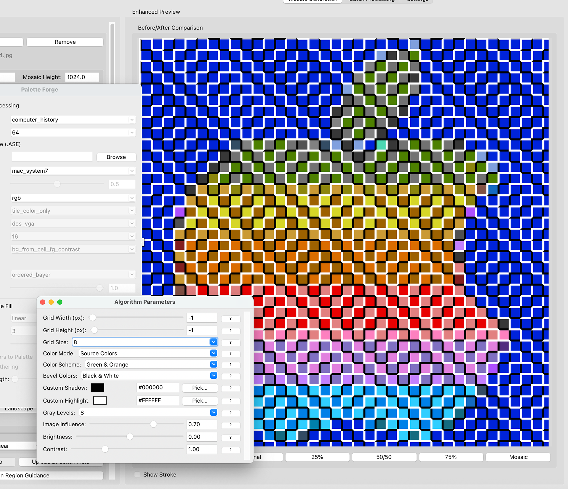 Screenshot of a mosaic art generation software showing an "Enhanced Preview" panel with a colorful tiled apple artwork. The apple is composed of square tiles in various colors: green and gray at the top for the leaf, graduating through yellow, orange, brown, red, pink, purple, and light blue sections, all set against a bright blue checkerboard background. In the foreground, an "Algorithm Parameters" dialog window displays settings including Grid Size of 8, Color Mode set to Source Colors, Color Scheme showing Green & Orange, Bevel Colors in Black & White, Gray Levels at 8, Image Influence at 0.70, Brightness at 0.00, and Contrast at 1.00. The left sidebar shows additional controls for palette selection and processing options.