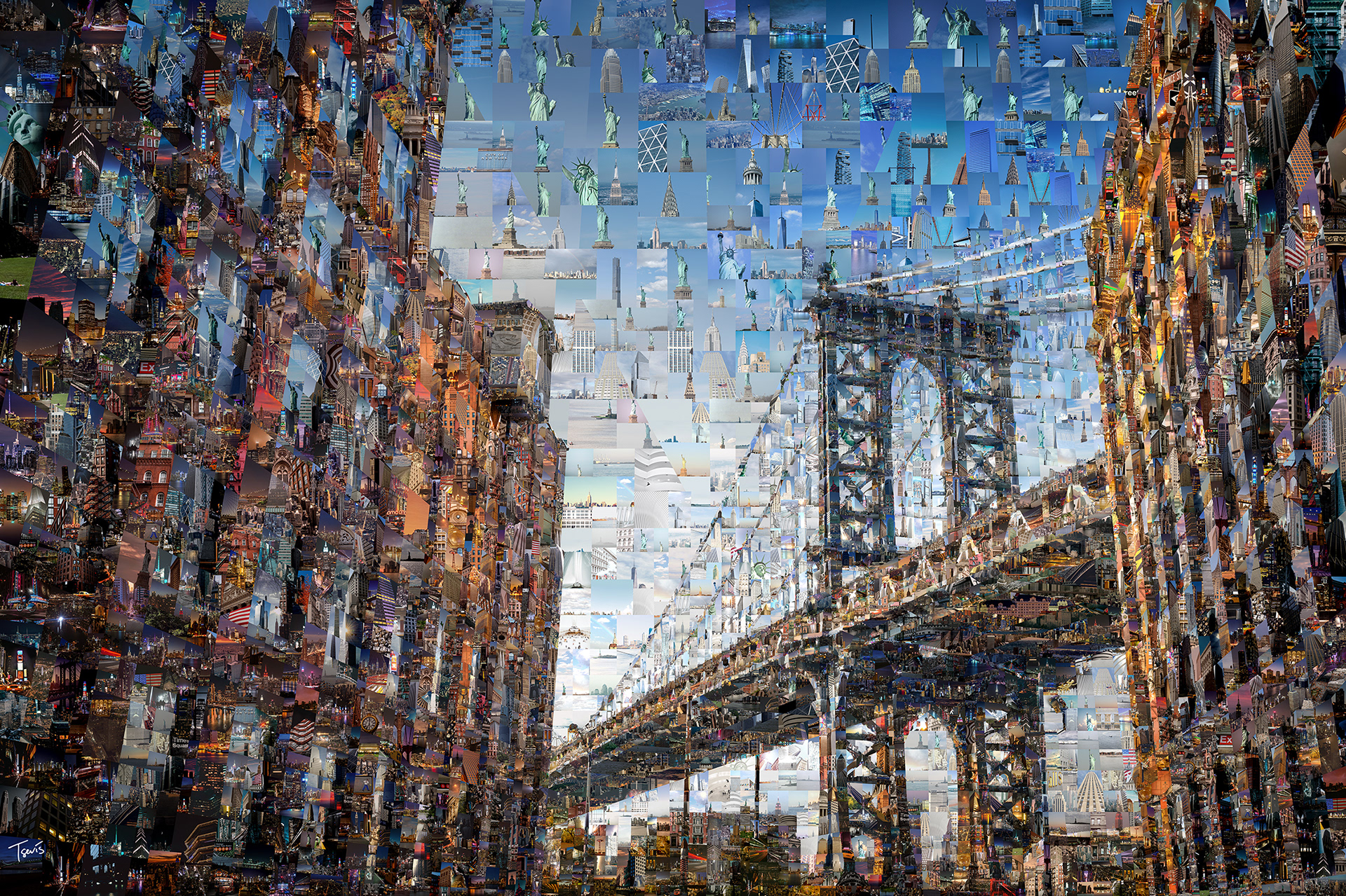Digital mosaic artwork picturing Brooklyn Bridge on a bright summer day