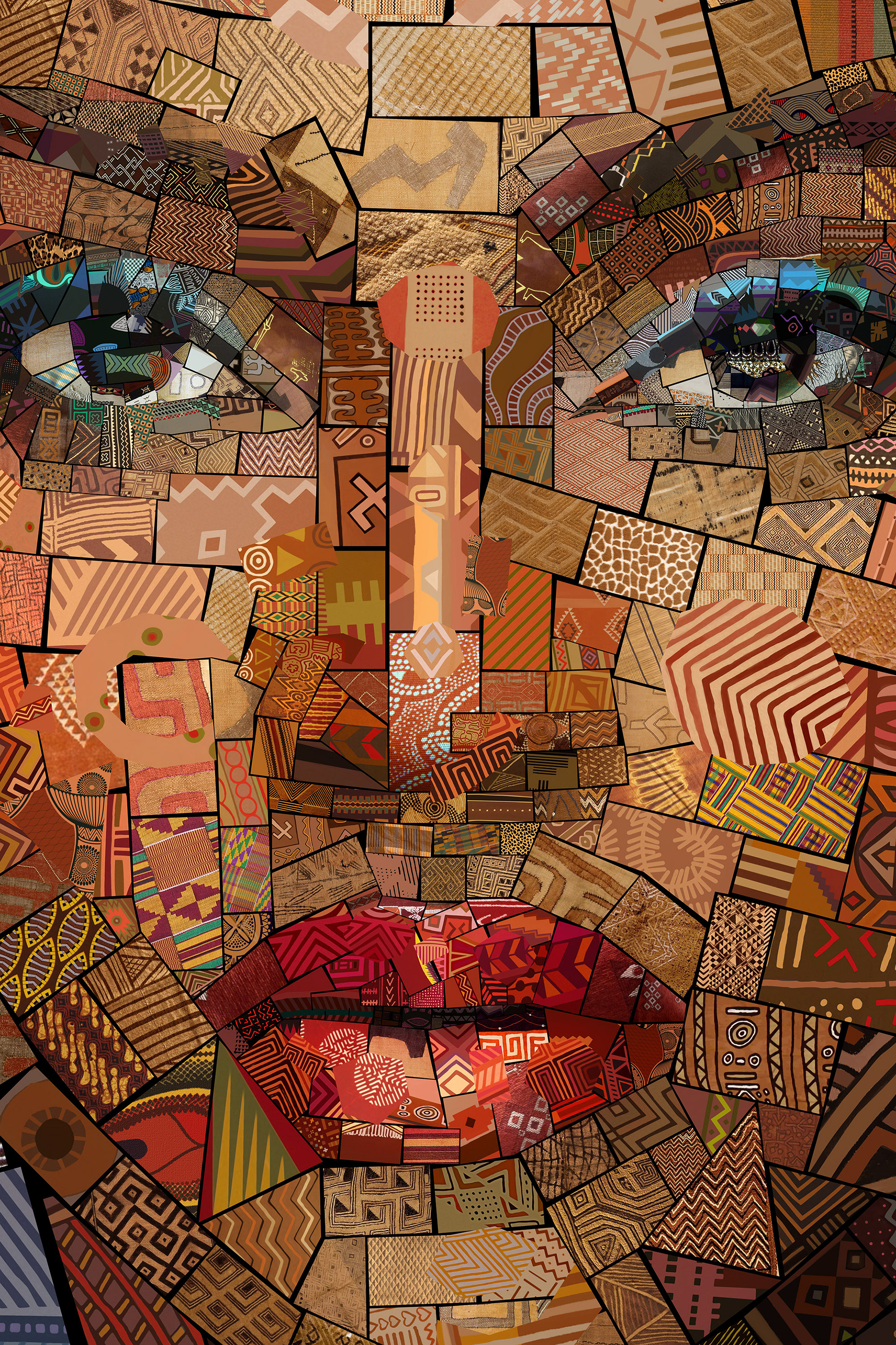 Gorgeous woman looking at you in a digital collage from patterns, art prints