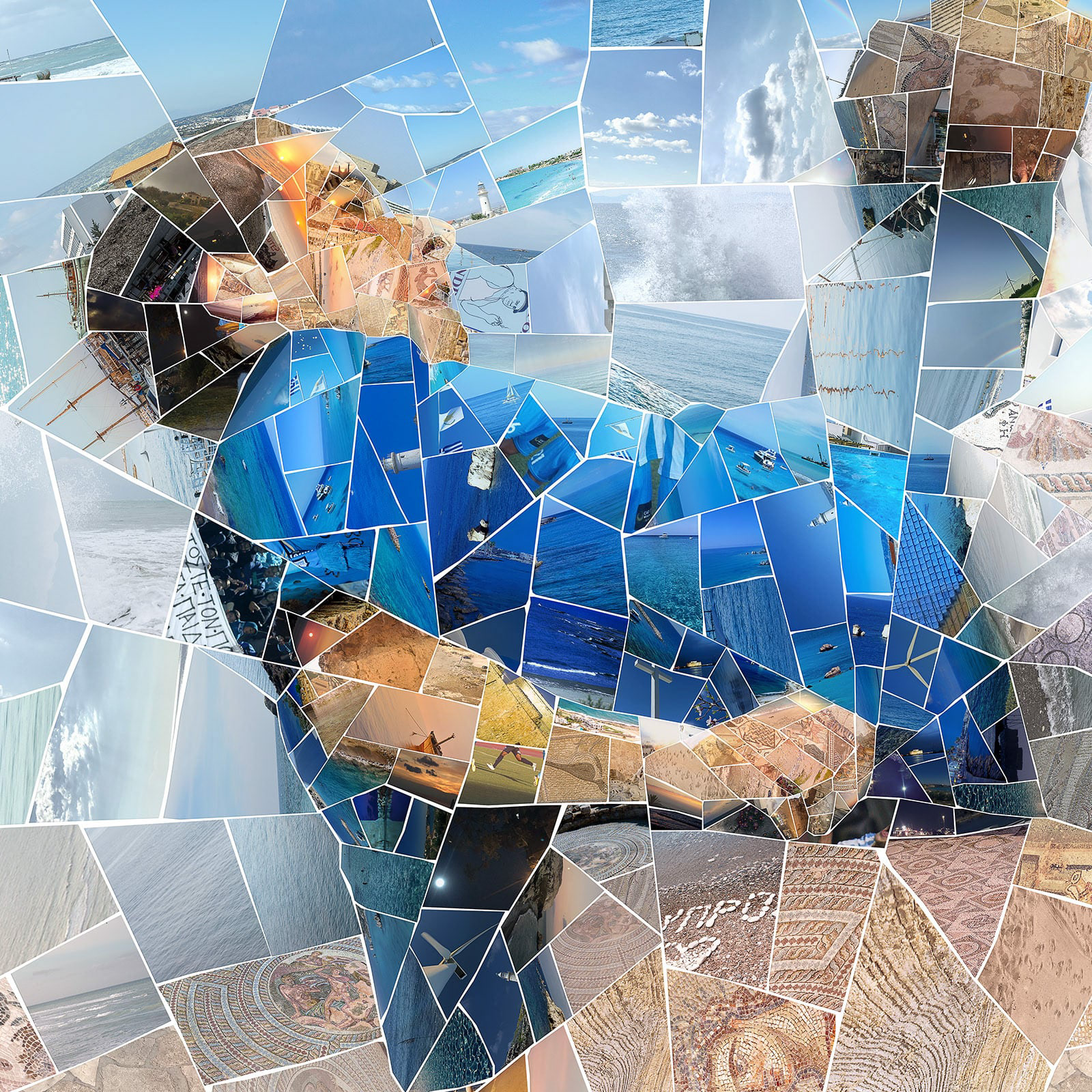 Digital mosaic portrait of Paphos archaeological sites and blue waters forming human silhouette