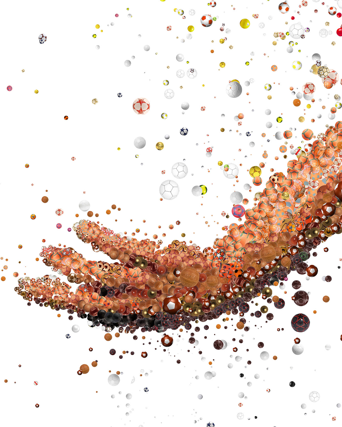 A hand in a mosaic illustration made out of millions of soccer balls, sports event art