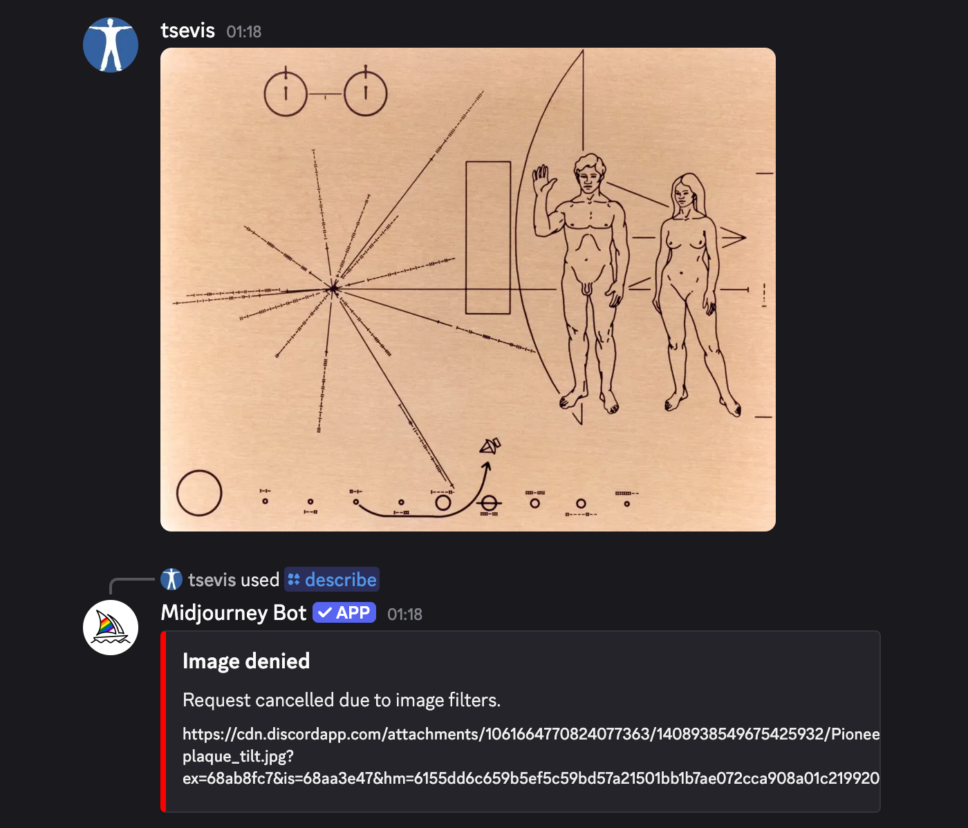 The NASA 1972 Pioneer plaque and how Midjourney bot is considering it NSFW.