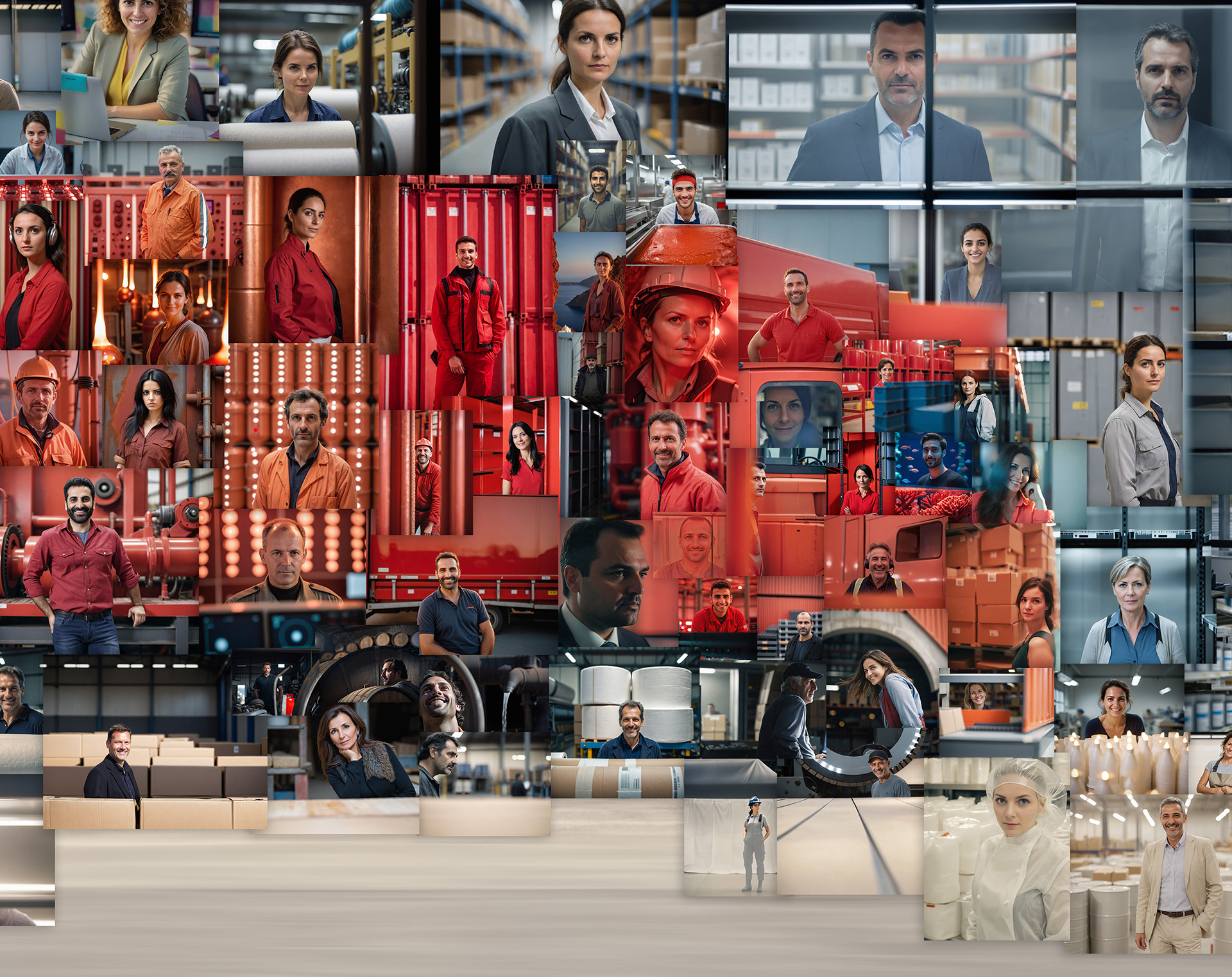 Industrial warehouse mosaic detail showing worker portraits with prominent red delivery truck centerpiece.