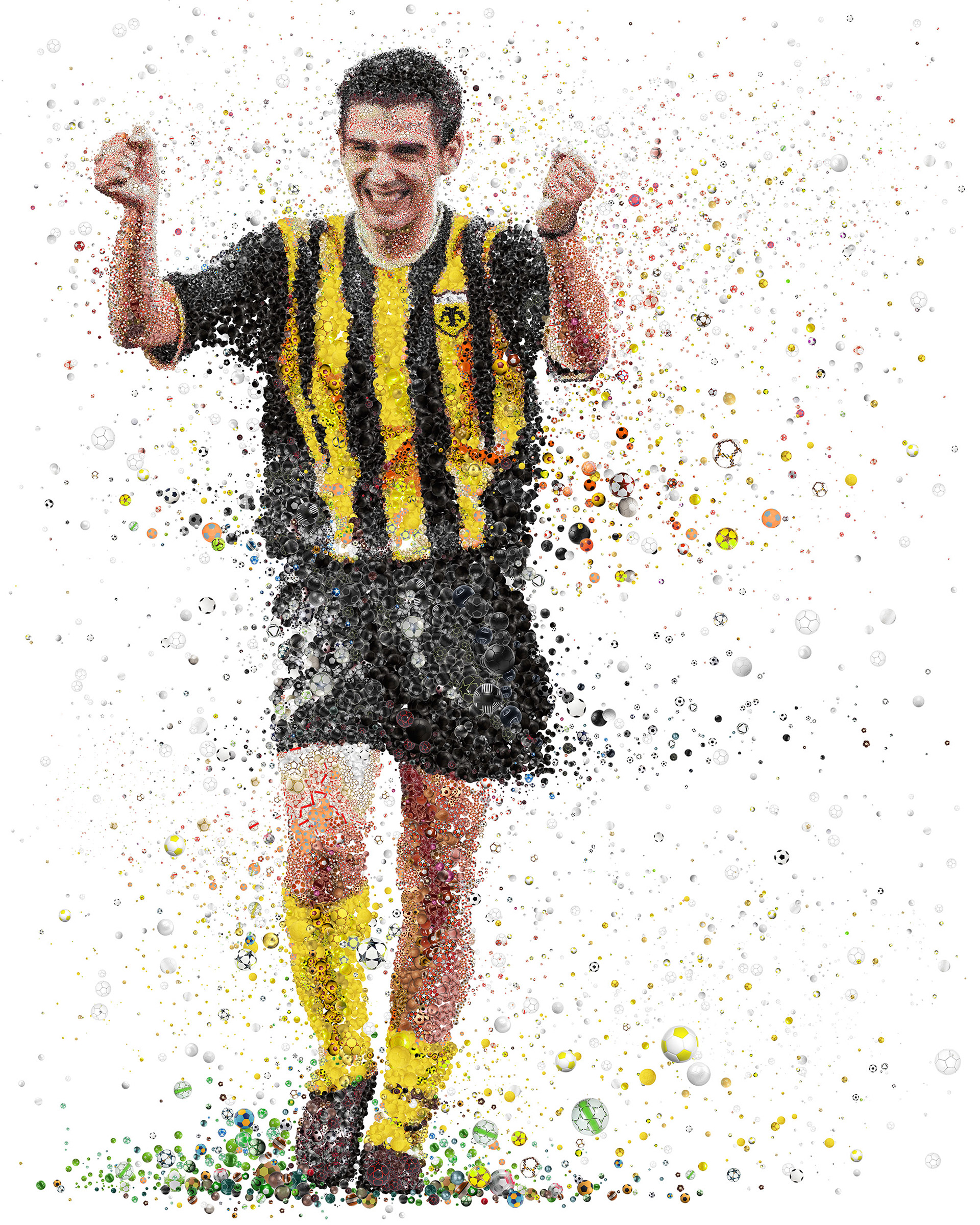 Kostas Katsouranis portrait made of football balls, scoring for AEK against Real Madrid in mosaic illustration