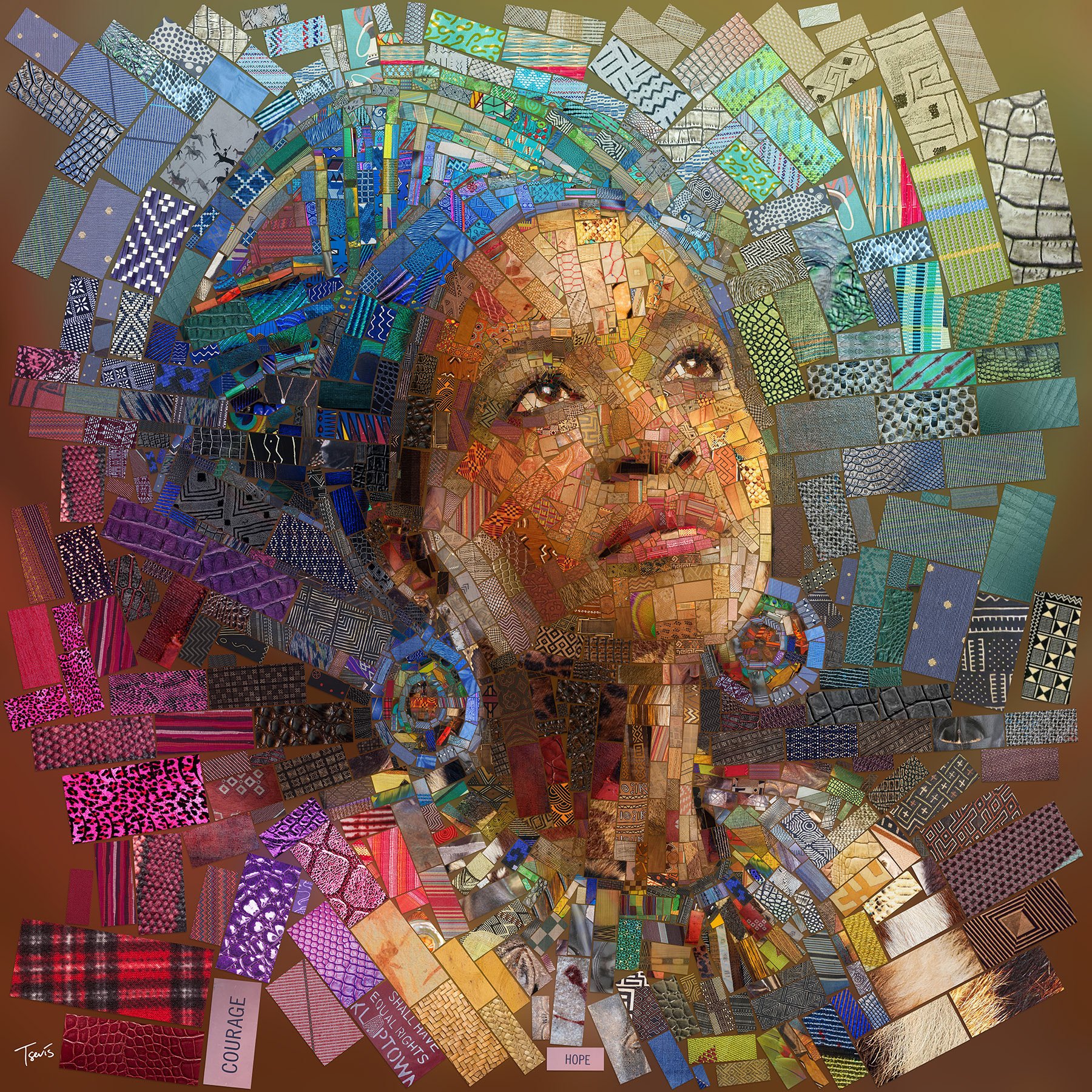 African woman in a costume, digital art from African bricks