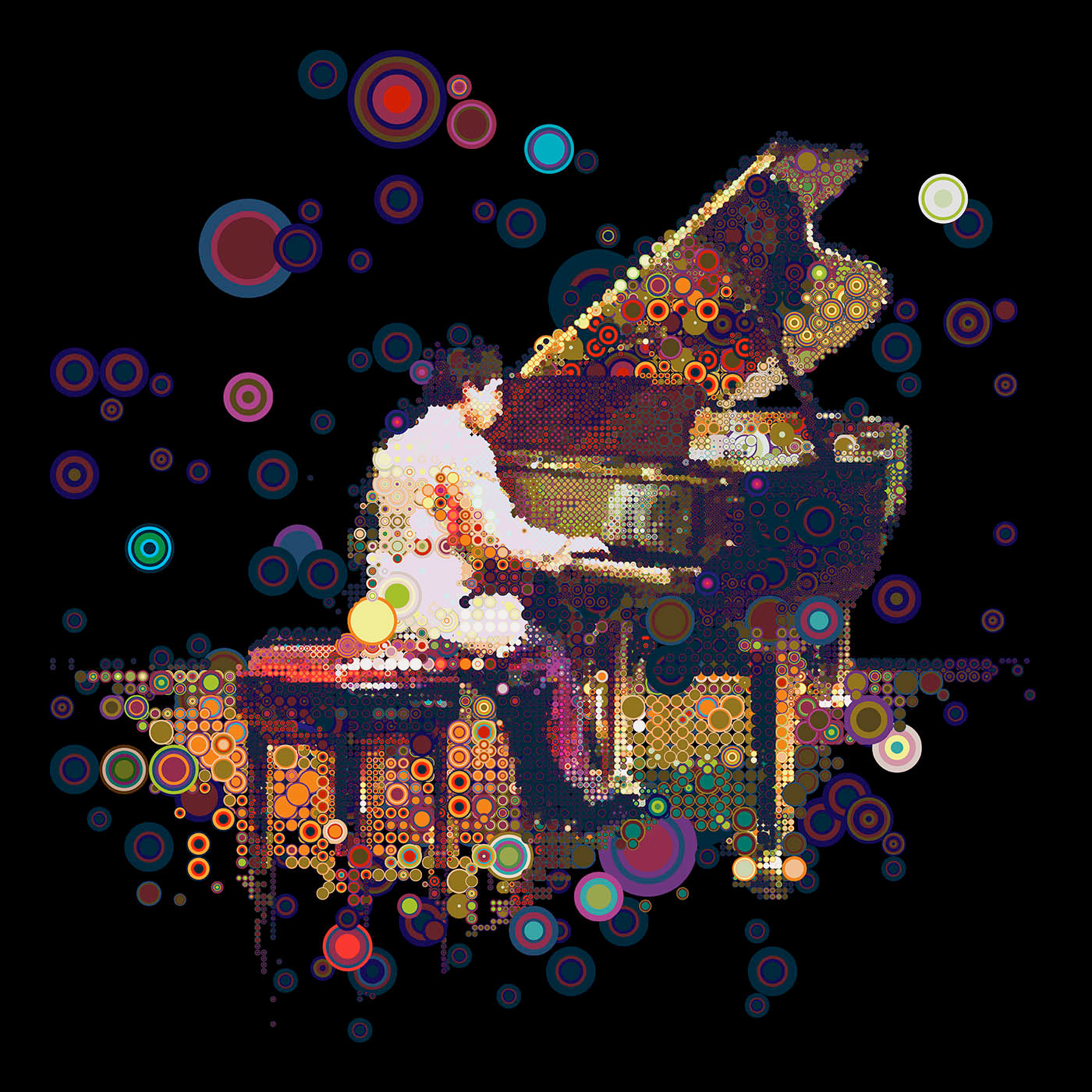digital mosaic based on colorful concentric circles showing a pianist