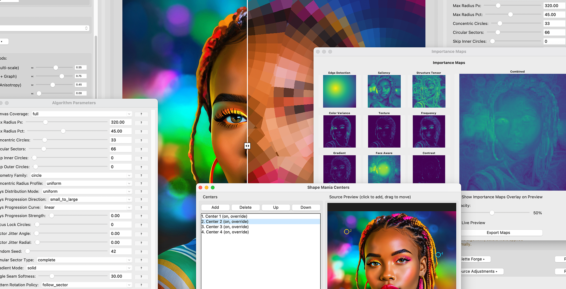 Screenshot of the CGMCreator application interface showing vector mosaic algorithm controls and preview. The center displays a split view of a colorful portrait photograph of a person with braided hair alongside its transformation using concentric circular grid patterns. Multiple floating panels are visible: an Algorithm Parameters panel on the left with sliders for settings like Canvas Coverage, Max Radius (320.00 Px), Concentric Circles (33), and Circular Sectors (66); an Importance Maps panel showing nine different analysis visualizations including Edge Detection, Saliency, Structure Tensor, Color Variance, Texture, Frequency, Gradient, Face Aware, and Contrast maps; and a Shape Mania Centers panel listing four center points with a source preview thumbnail. The interface demonstrates the technical controls for applying geometric mosaic transformations to photographic images.