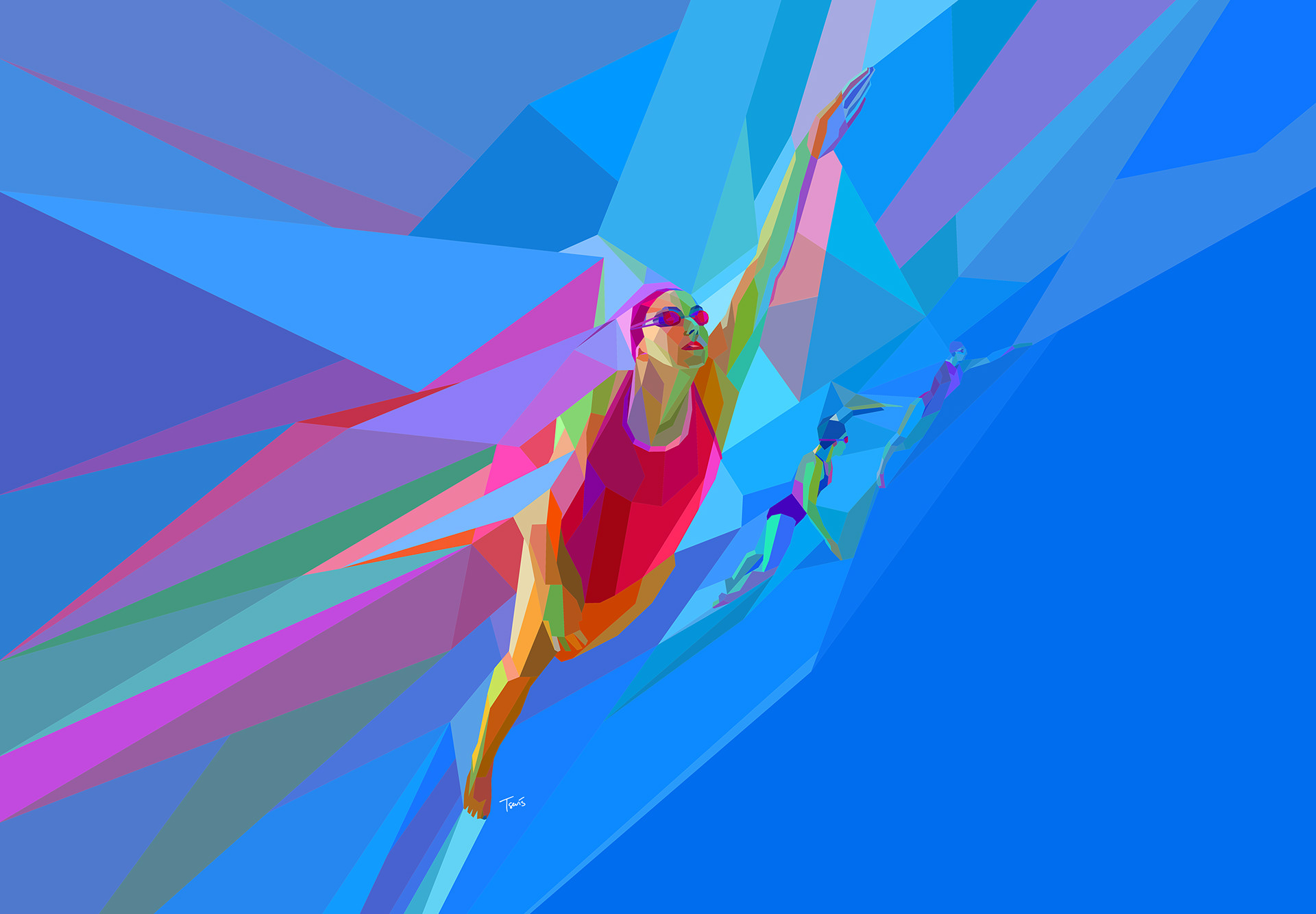 Swimmers in dynamic art, custom brand illustration