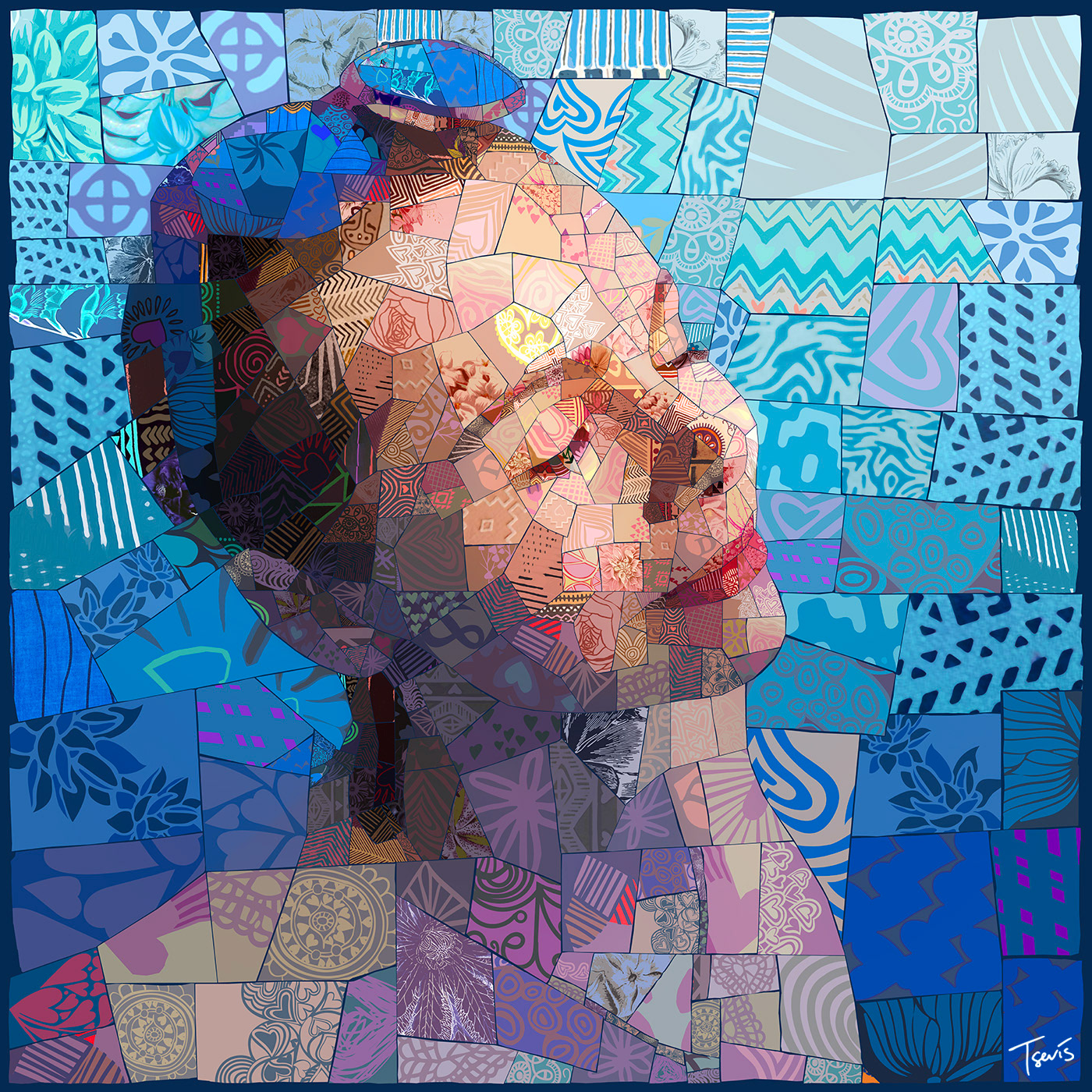 Colorful digital portrait reflecting emotions through colors and patterns in contemporary mosaic