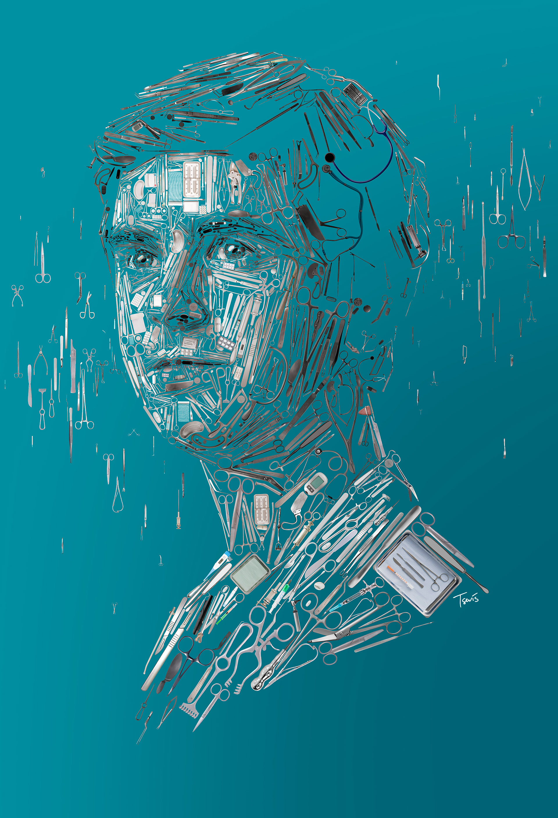 Doctor Murphy's mosaic portrait is made of thousands of surgery tools, scalpels, scissors portrait