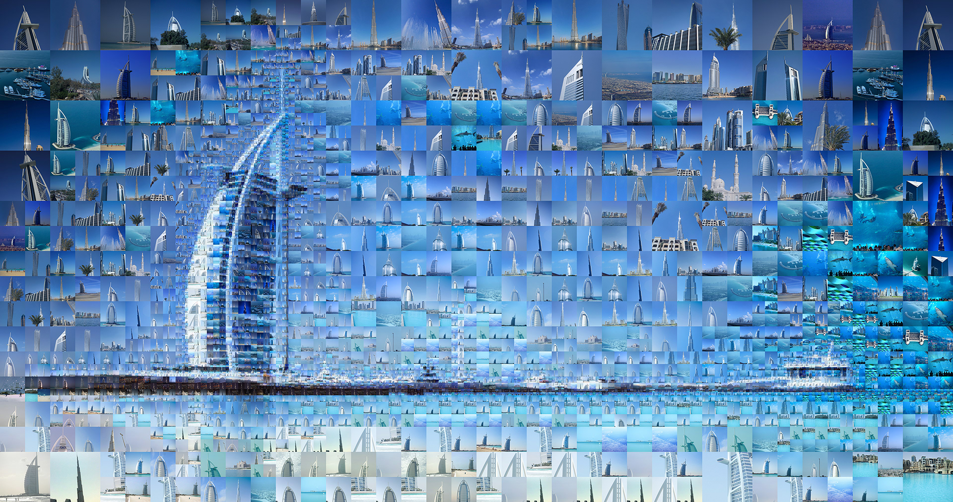 Dubai City mosaic from photos in digital art style. An art gallery project