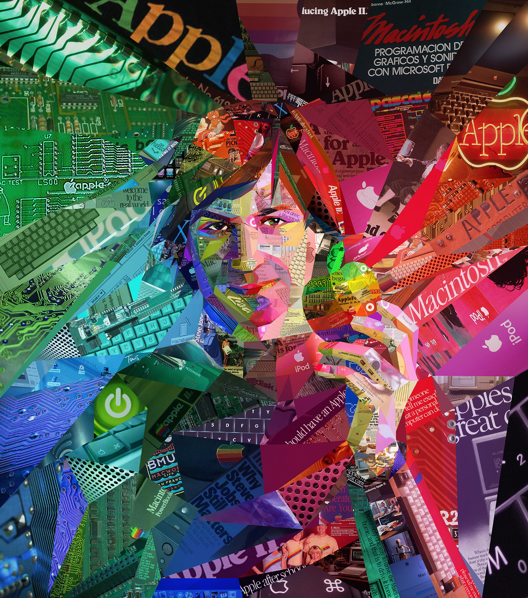 Digital mosaic portrait of Steve Jobs, inspired by his transformational journey through India