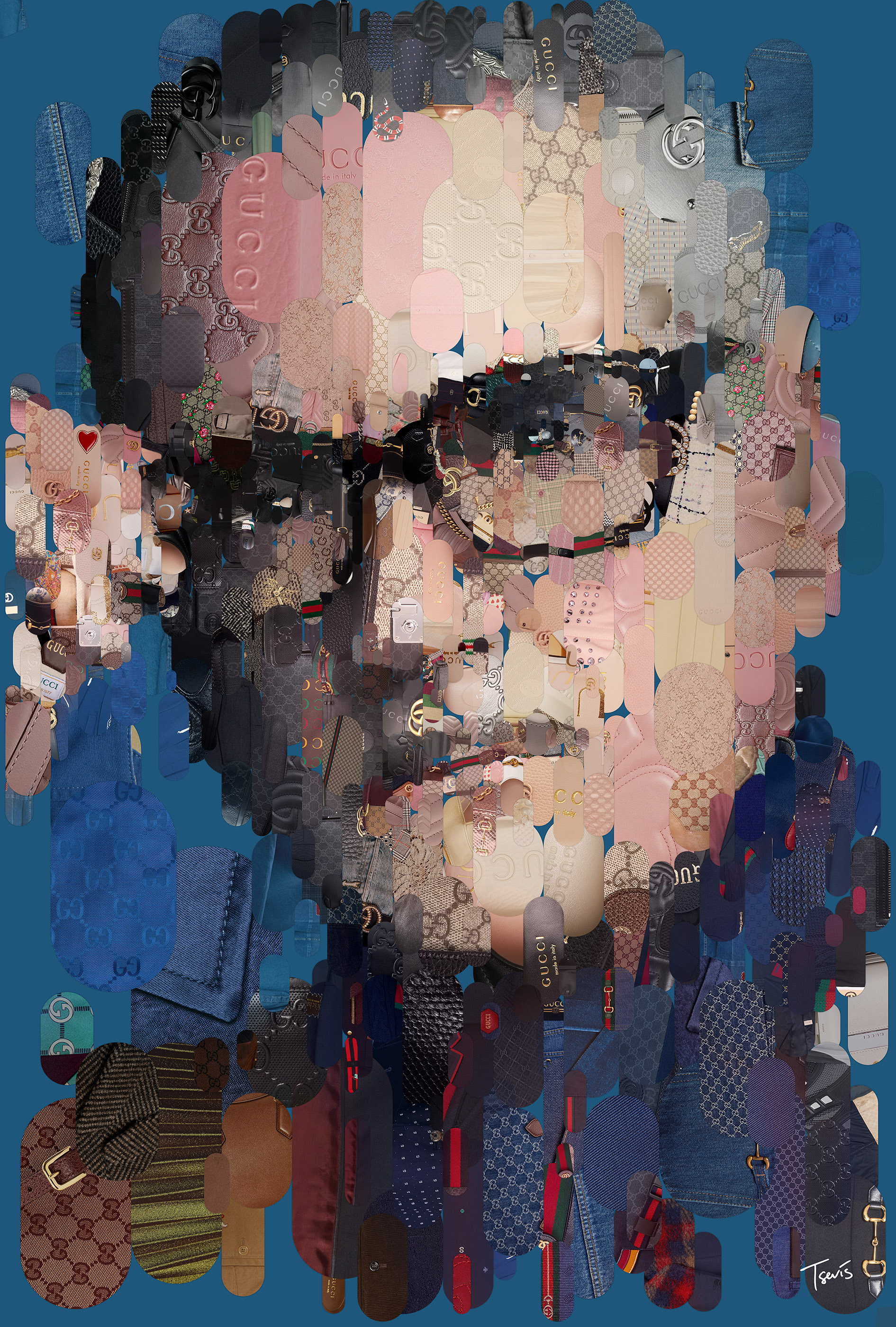 Jeremy Irons mosaic portrait as Rodolfo Gucci in a movie, digital art illustration