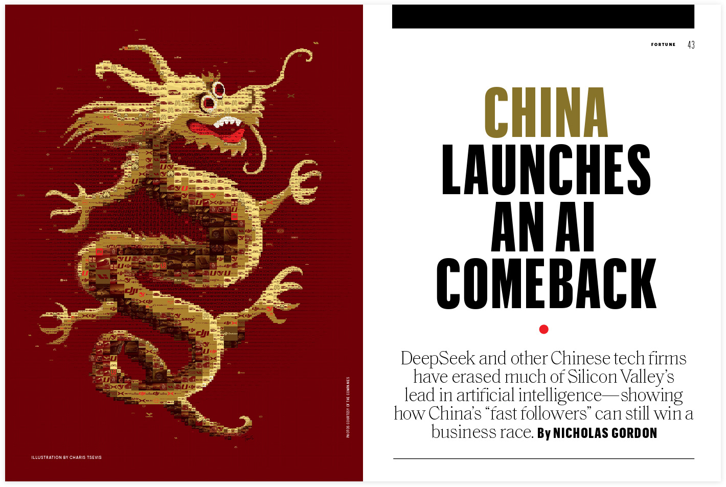 Digital mosaic illustration from Fortune magazine’s “China Launches an AI Comeback” article, featuring a stylized red, gold, and black dragon composed of photographic fragments sourced from Chinese AI companies. The dragon symbolizes resurgence and technological power, with colors and composition reflecting Chinese cultural aesthetics and innovation.