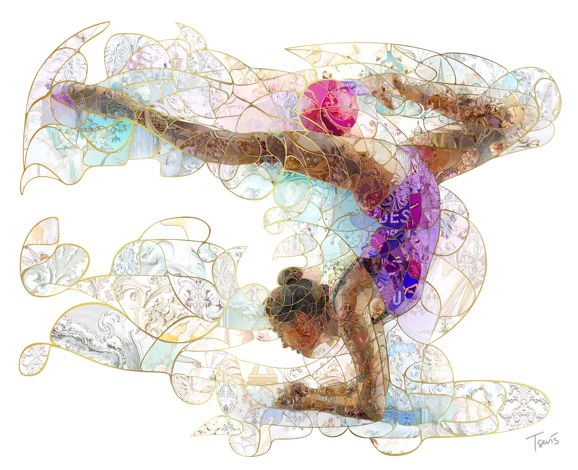 Rhythmic Gymnastics sport visual art for Olympics. Digital mosaic of Paris culture