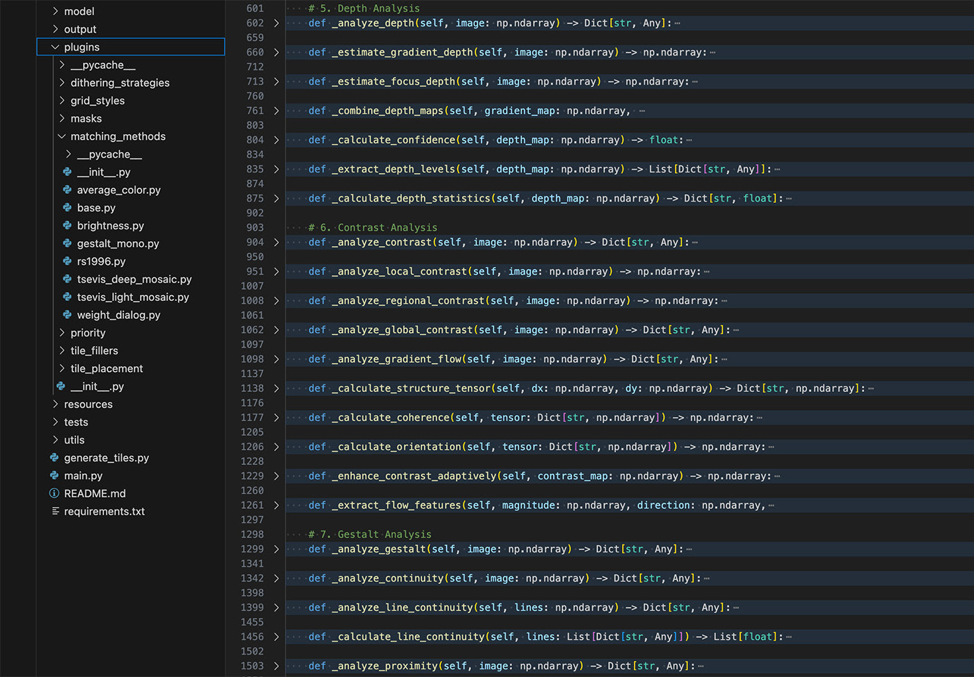 A screenshot of a code editor displaying Python code for the GestaltMono algorithm, part of the Mozaix project. The file structure on the left shows various directories and files related to matching algorithms, including gestalt_mono.py, rs1996.py, and others. The main code section on the right includes functions such as _analyze_depth, _estimate_gradient_depth, analyze_gestalt, and more, which are designed to evaluate visual perception principles like contrast, depth, and line continuity.