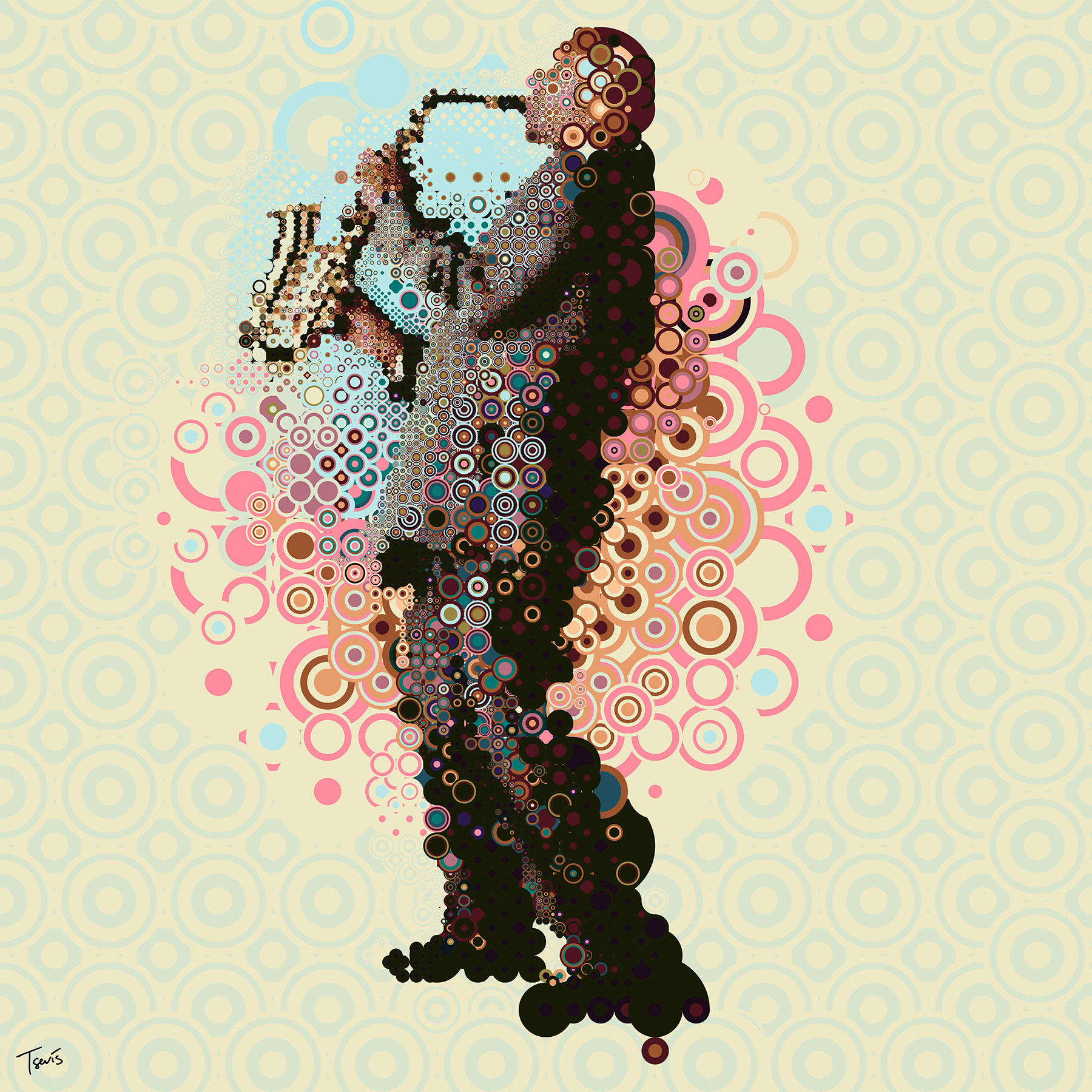digital mosaic based on colorful concentric circles showing a saxophone player