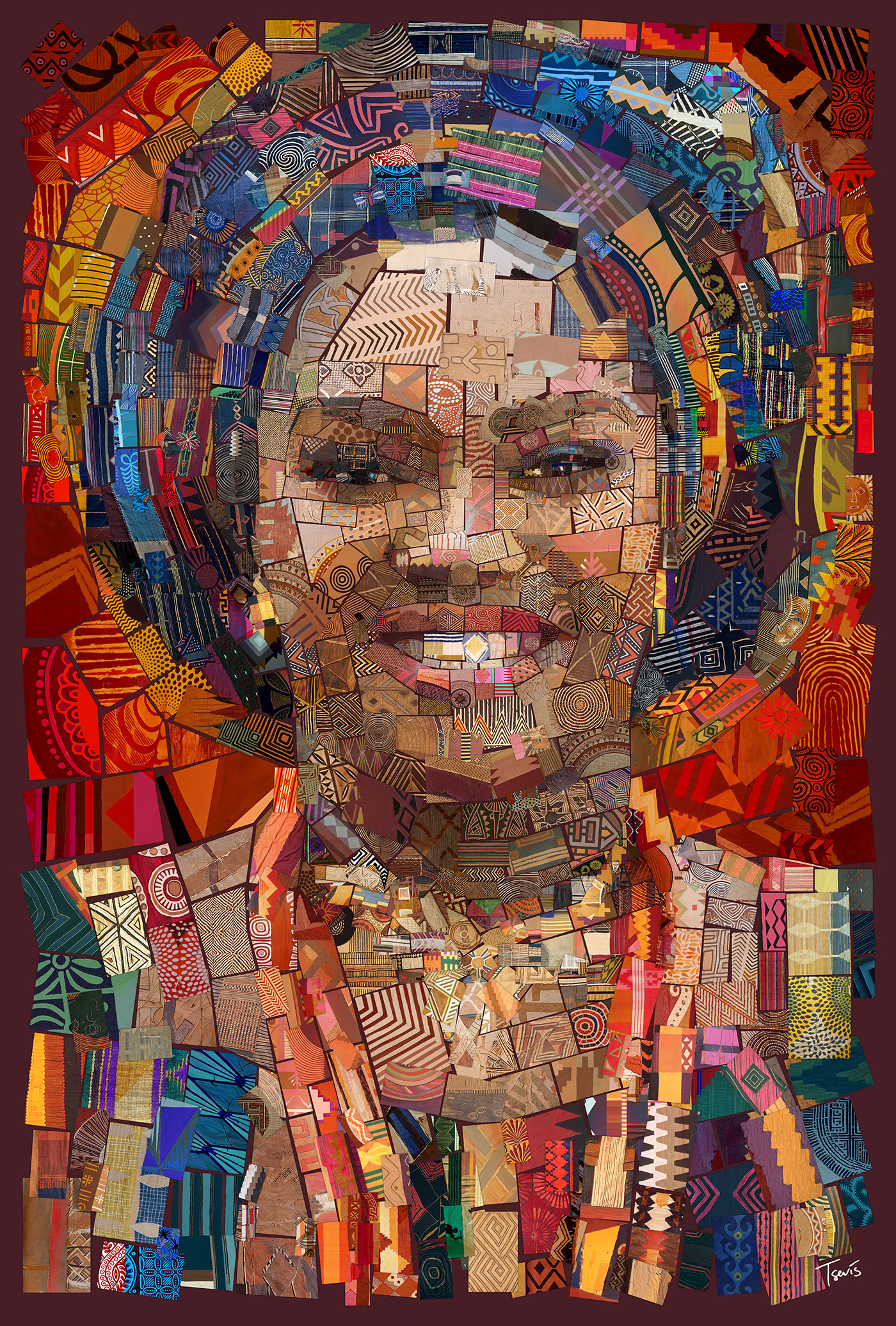 Nigerian woman portrait in warm earth tone textile mosaic - birthday gift celebrating artistic friendship and cultural bonds.