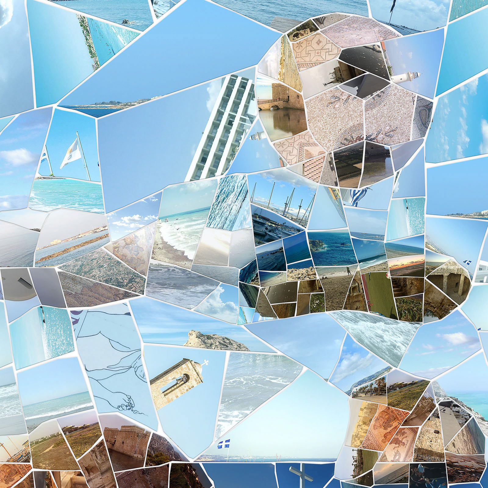 Complex digital mosaic featuring Paphos landmarks, ancient sites, and Mediterranean coastal imagery