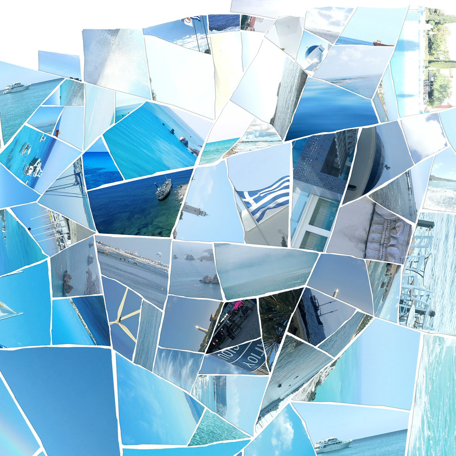 Digital mosaic portrait composed of Mediterranean coastal and ocean photographs in blue tones