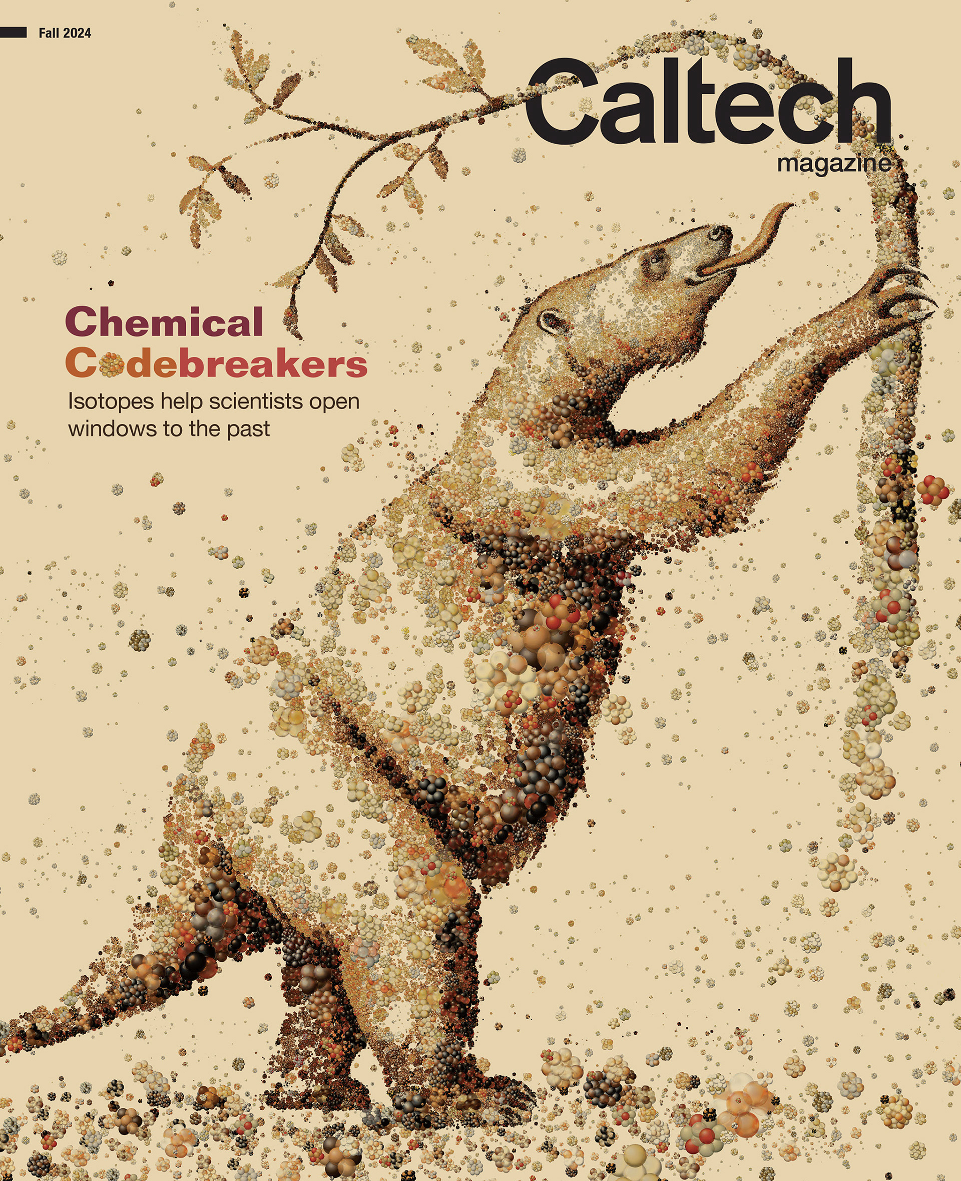 Caltech magazine's cover showing an extinct ground slooth made out of isotopes.