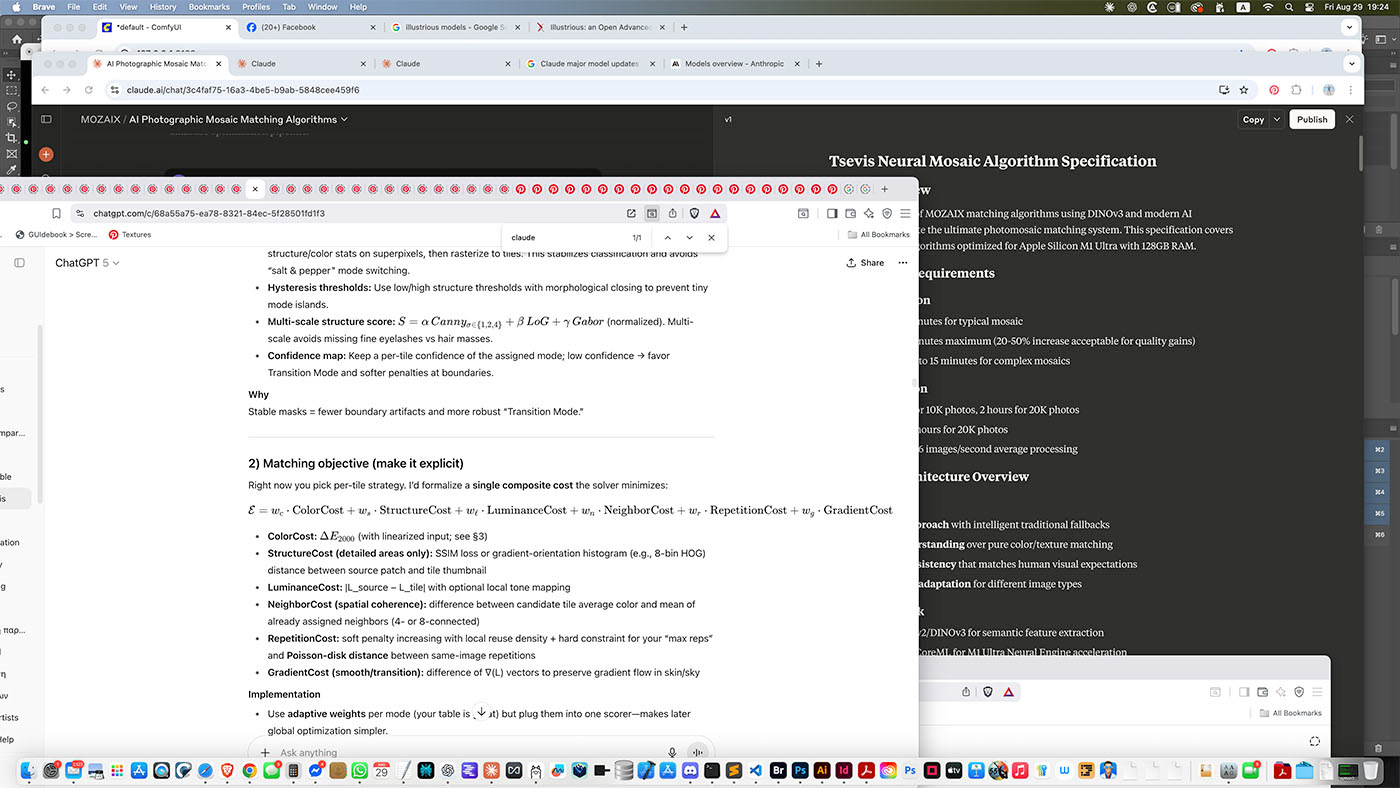 A multitasking desktop environment featuring multiple windows of Internet browsers open in ChatGPT and Claude.