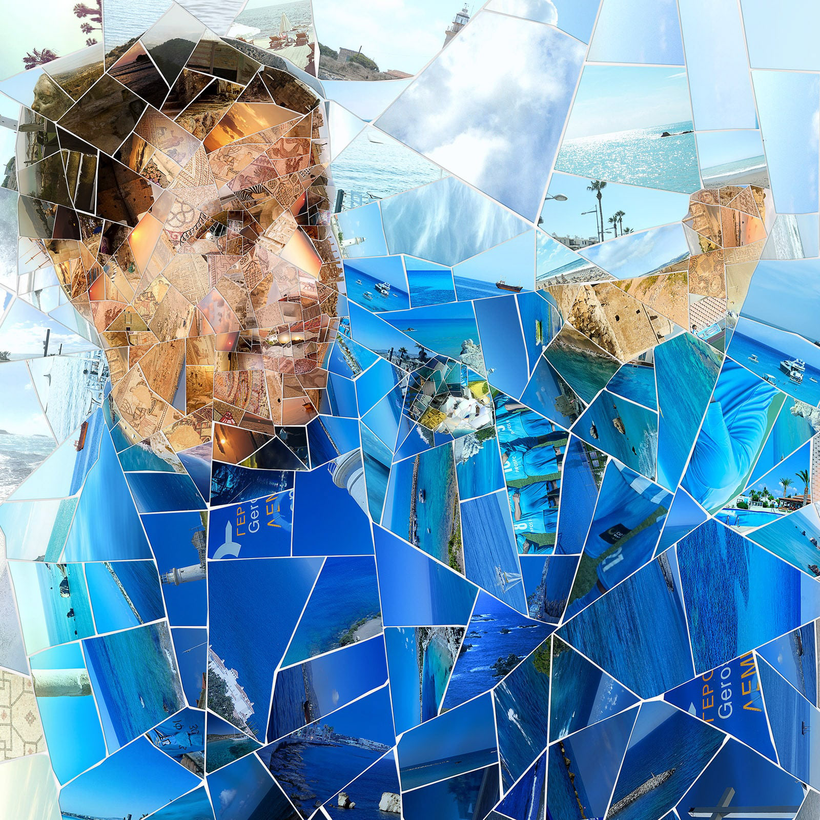 Digital mosaic portrait incorporating ancient mosaics and vibrant blue Mediterranean waters
