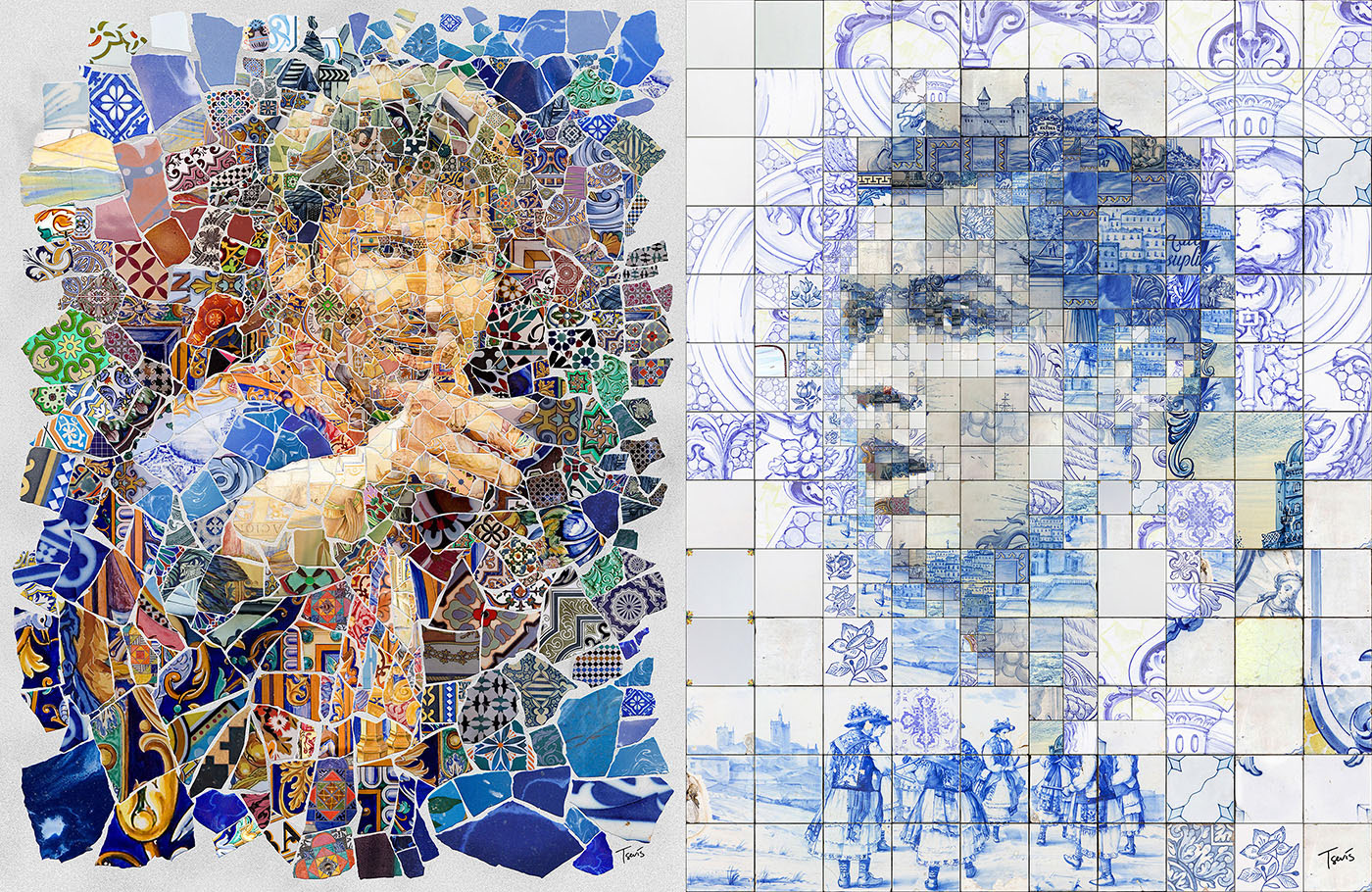 The image showcases two distinct mosaic portraits: one of Lionel Messi on the left, created in the vibrant and eclectic Trencadís style, and another of Cristiano Ronaldo on the right, crafted using the traditional Azulejos technique. The Messi mosaic is characterized by its irregular, fragmented tiles that blend various colors and patterns, reflecting the dynamic and artistic spirit of Barcelona's architectural heritage. In contrast, the Ronaldo mosaic employs a more structured grid of blue and white tiles, reminiscent of the ornate Portuguese tilework, with intricate designs and scenes woven into the composition. Together, these mosaics celebrate the cultural richness and visual storytelling inherent in sports art.