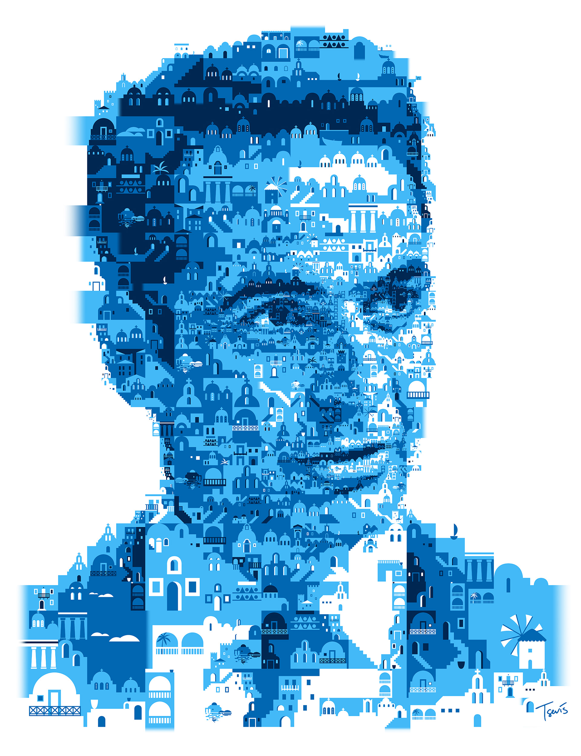 Greek portrait of Kyriakos Mitsotakis from Cycladic patterns and Greek culture in blue and white colors mosaic