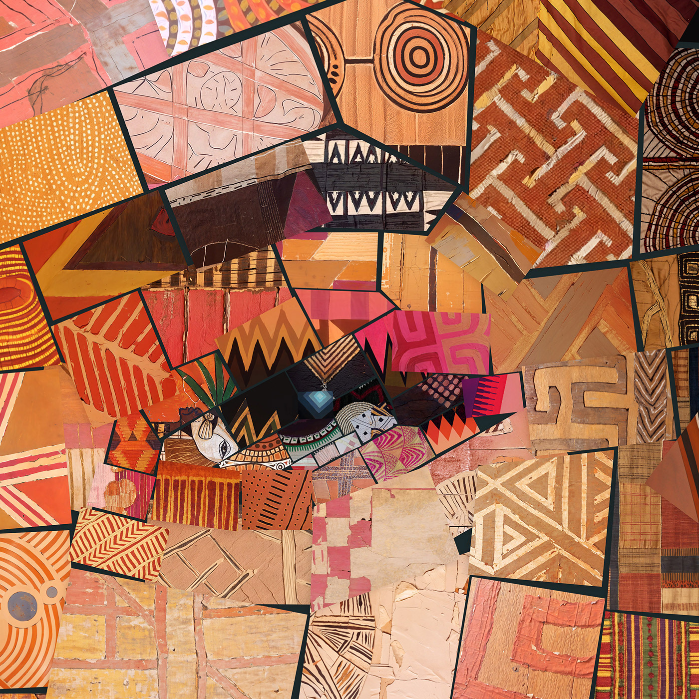 Detail of Grammy winner Tyla's face in bright colorful textile patterns - South African popiano artist portrait crop