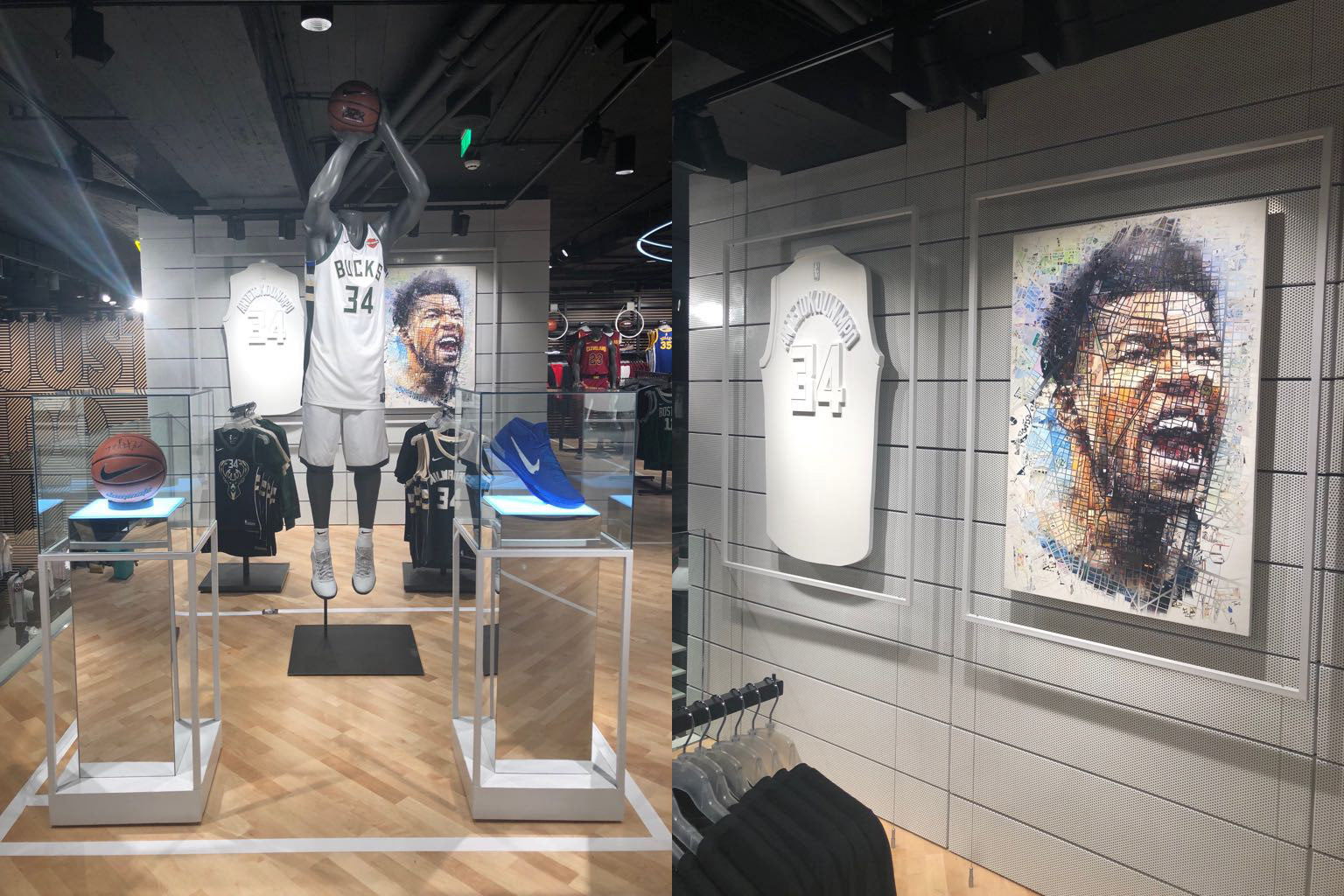 A Nike store display featuring a mannequin in a Milwaukee Bucks uniform alongside a mosaic portrait of Giannis Antetokounmpo.