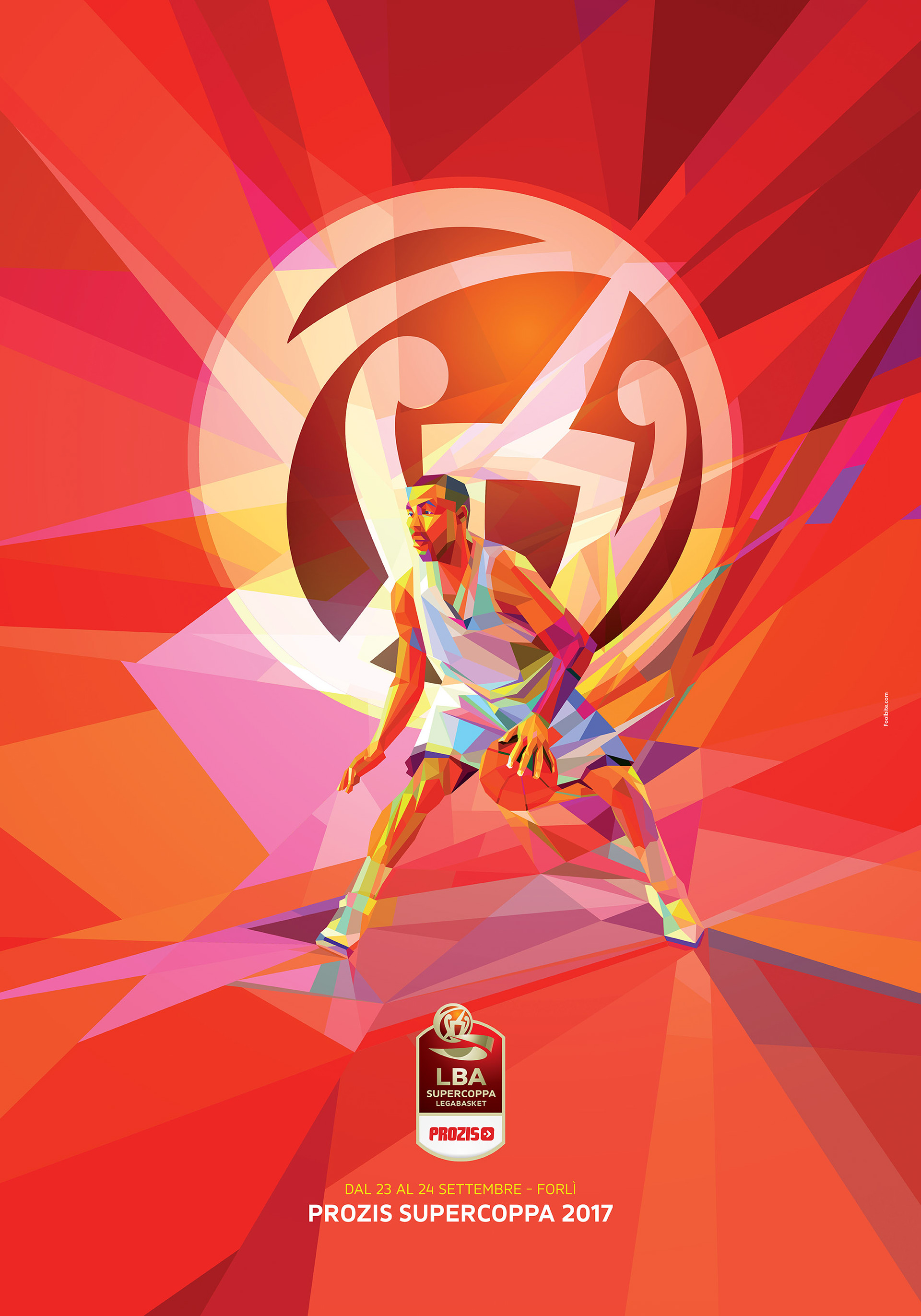 An abstract digital mosaic inspired by the Italian basketball league, using structured color blocks and flowing lines to represent player spacing, team coordination, and the rhythm of gameplay.