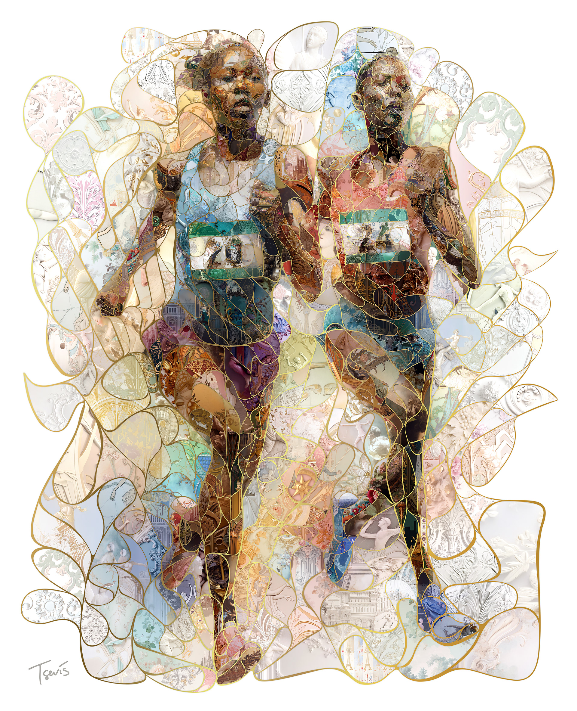 Marathon runners, a digital mural, Olympic mosaic artwork of Paris art movements