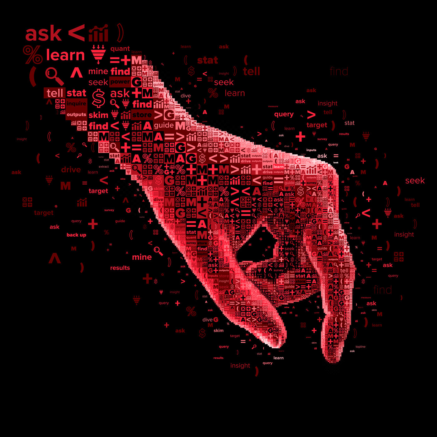 A vibrant red mosaic illustration of a hand gesture, composed of various icons, words, and the letters "MGMA." The design is intricate, with elements such as "ask," "learn," "find," "stat," and other related terms forming the shape of the hand. The background is black, emphasizing the bold red color scheme.