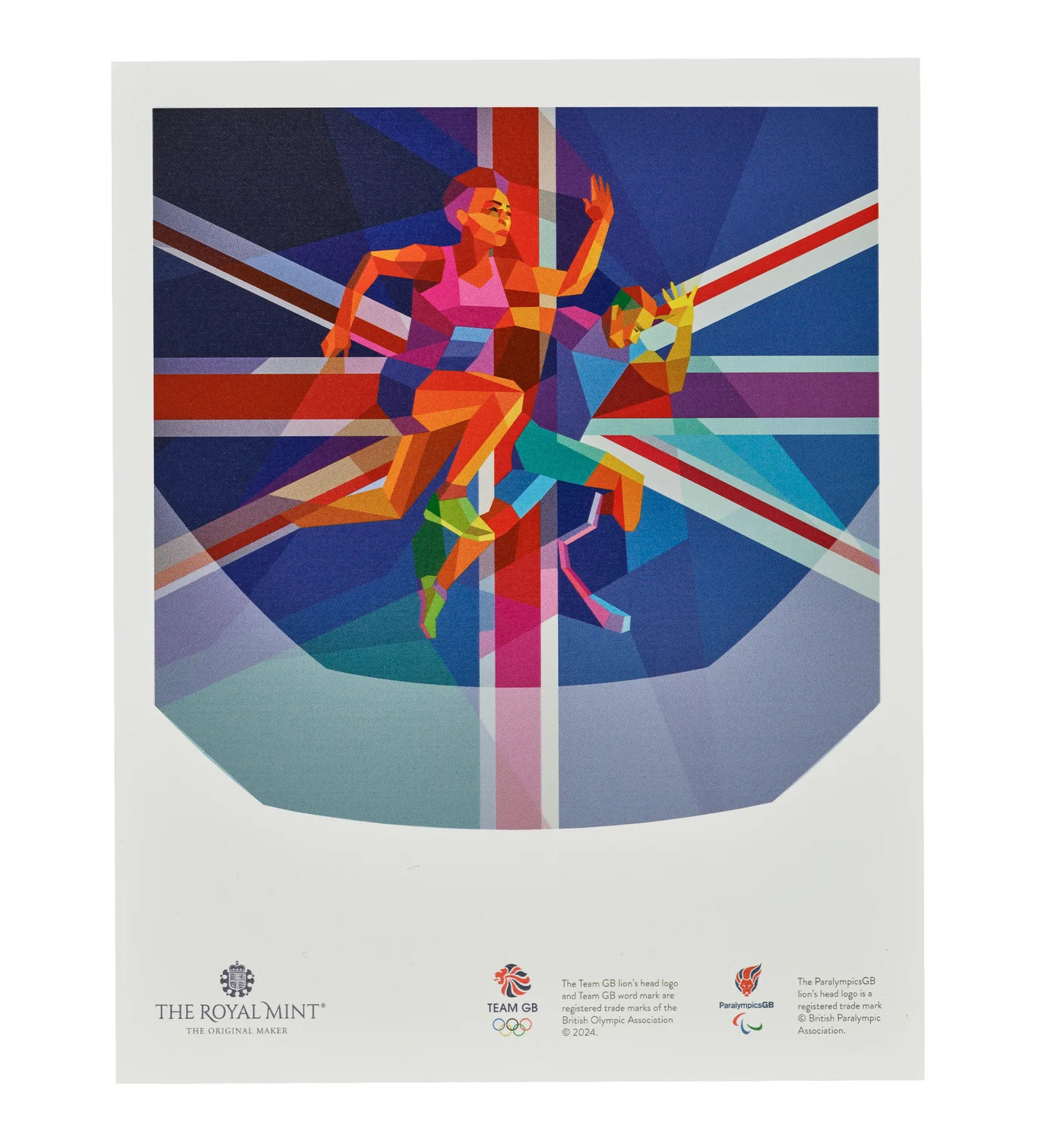Vibrant promotional poster featuring geometric mosaic-style athletes in motion, composed of angular colorful shapes against Union Jack flag elements. The dynamic composition shows multiple sport figures fragmented into brilliant blues, reds, oranges, and geometric patterns. Official logos for The Royal Mint, Team GB, and ParalympicsGB appear at the bottom.