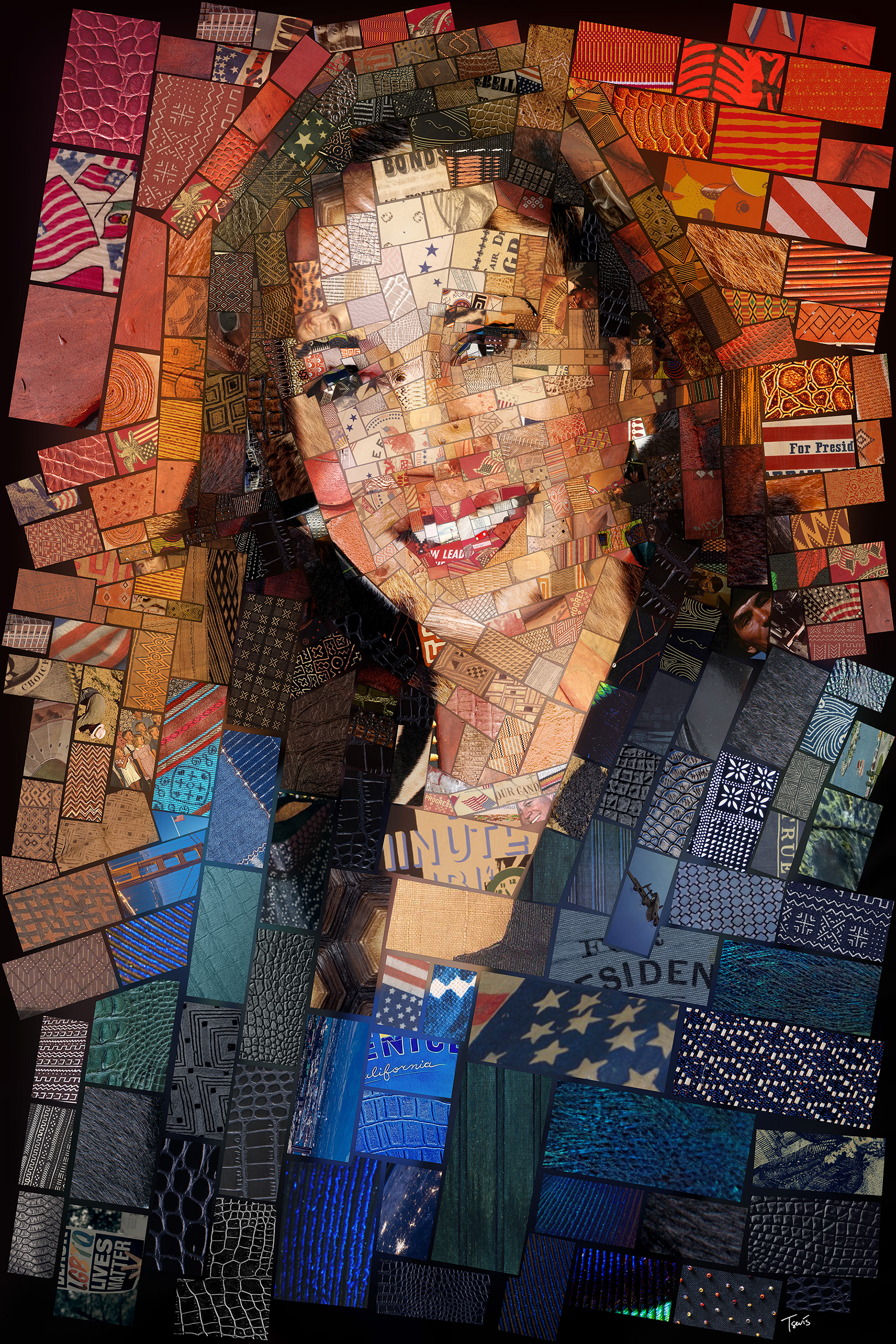 Art portrait of Kamala Harris made in African bricks mosaic style, election art for politics