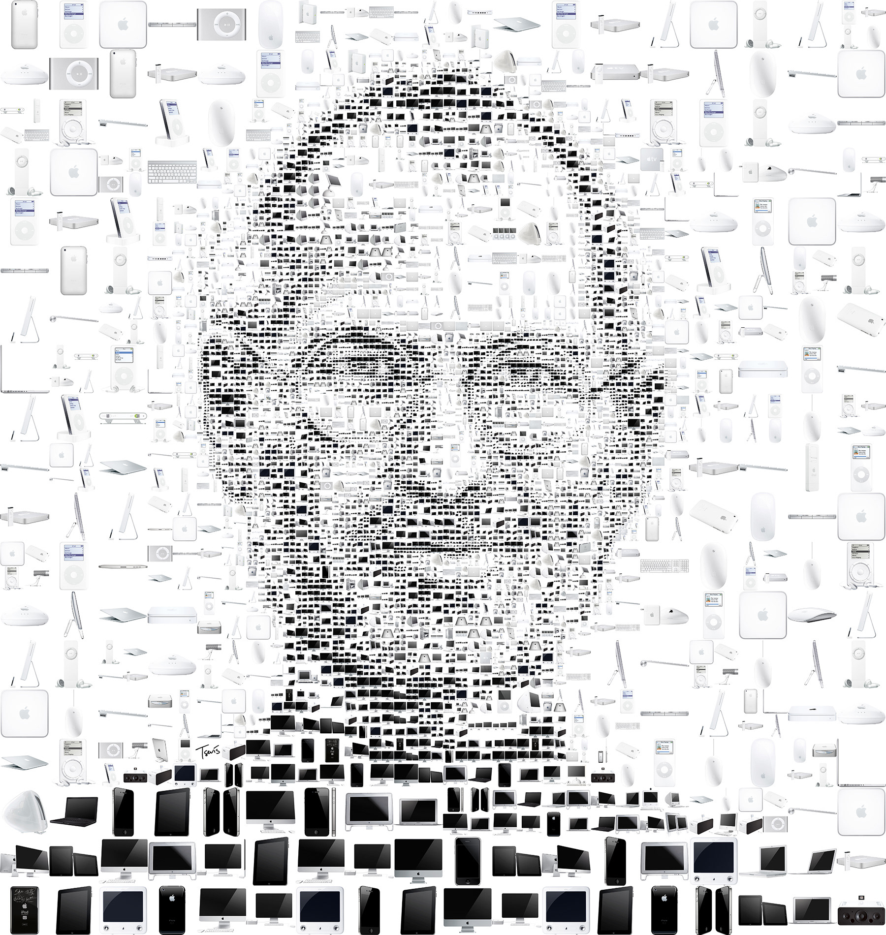 Steve Jobs portrait from Apple products, digital mosaic