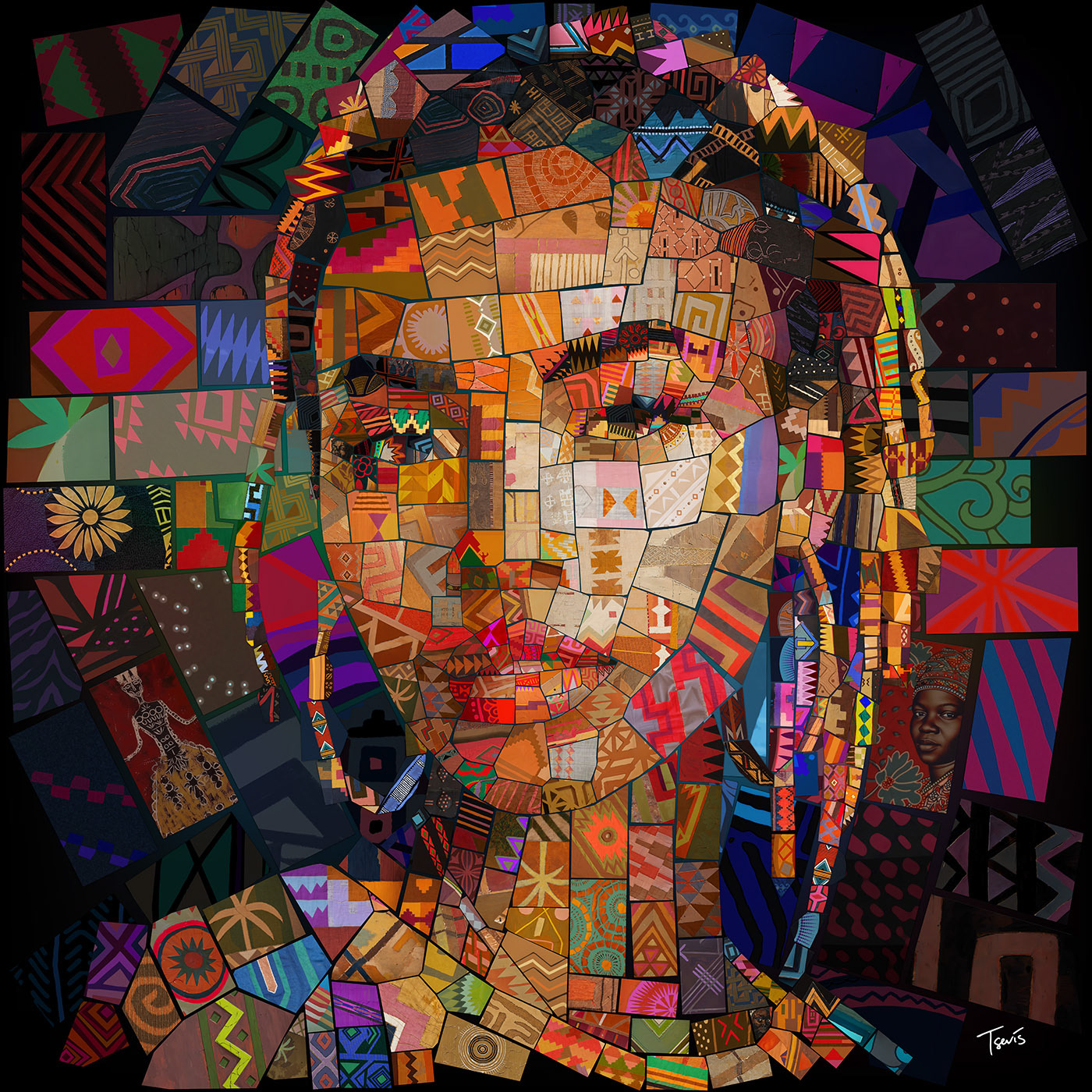 Tyla in sophisticated earth-tone mosaic representing new generation of African artists - contemplative cultural portrait