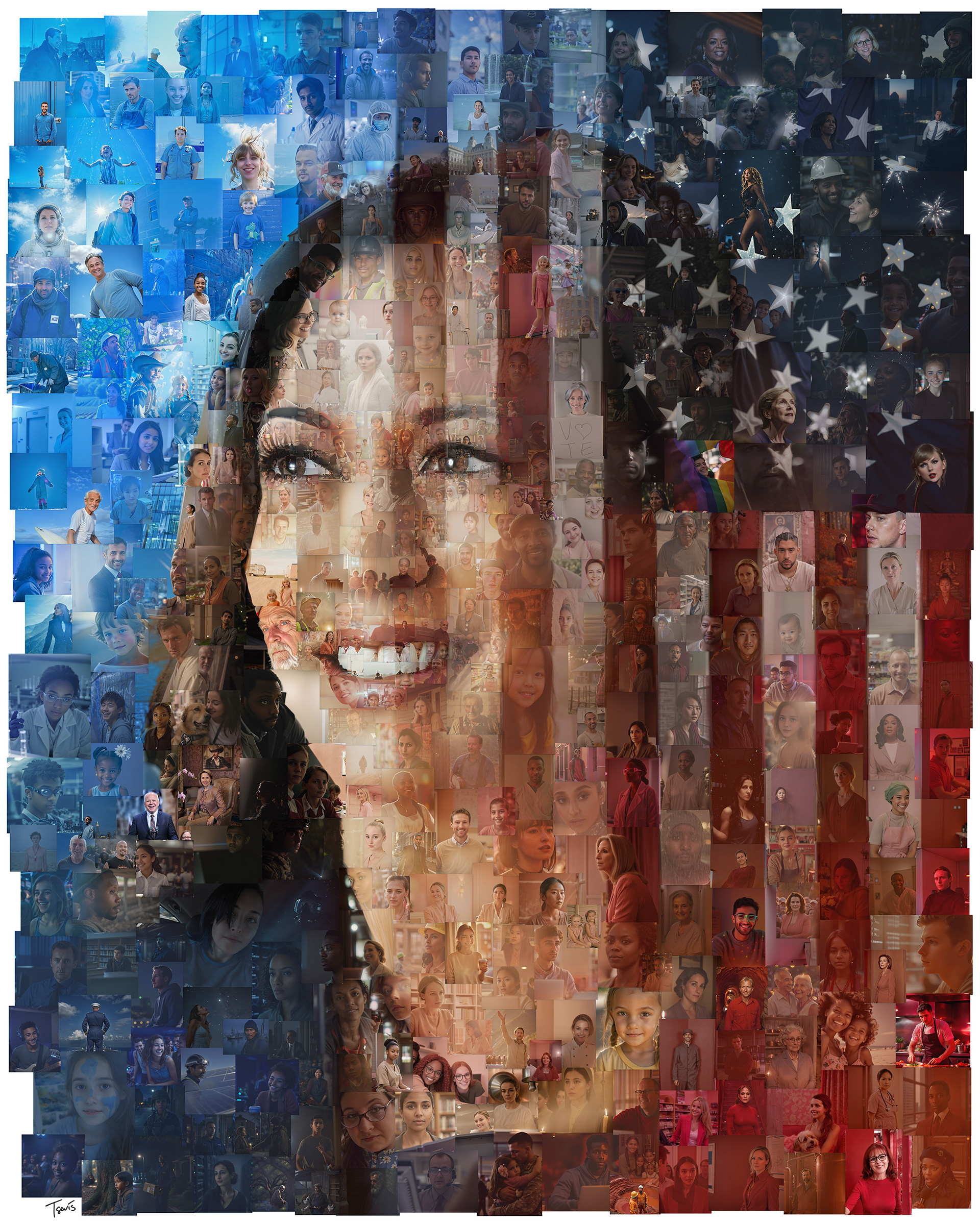 Mosaic portrait of Kamala Harris made of photos of people, digital photomosaic