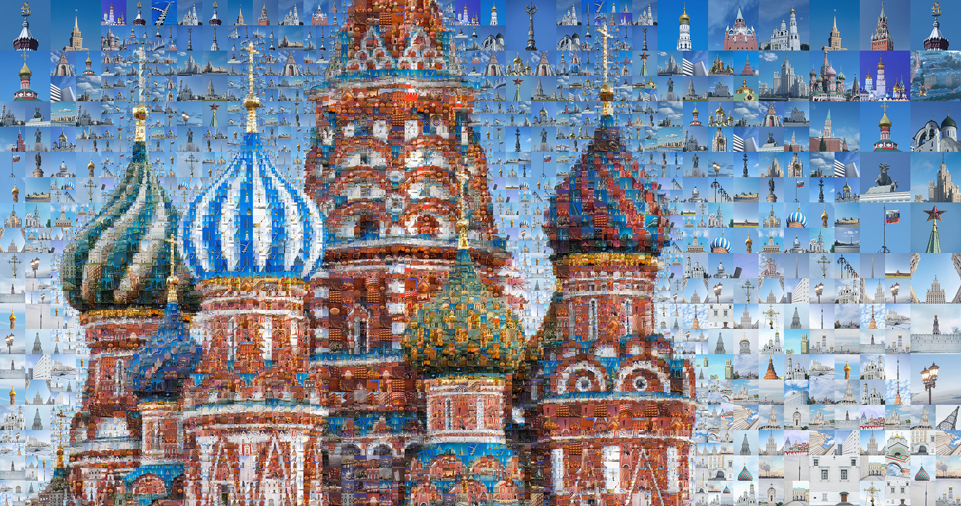Moscow landmark, Saint Basil's Cathedral, in a digital mosaic artwork from millions of photos