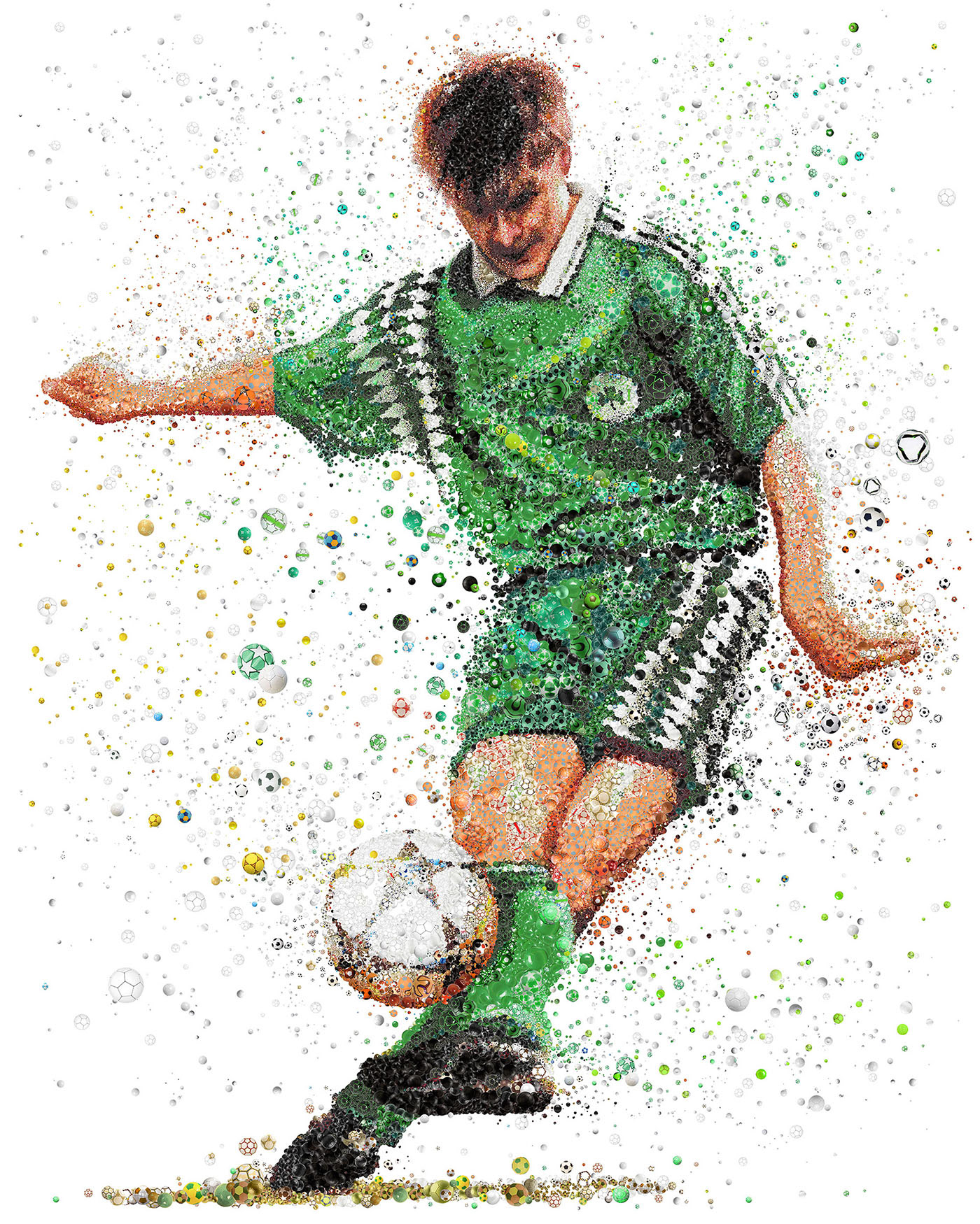 A stunning digital mosaic artwork depicting a football player in motion, rendered entirely using small, colorful dots. The player is captured mid-kick, with dynamic lines and splashes of color conveying energy and precision. The mosaic technique creates a textured, almost three-dimensional effect, highlighting the player’s form and the intensity of the moment. The use of soccer-themed elements within the dots adds layers of symbolism, connecting the artwork directly to the sport and its history.