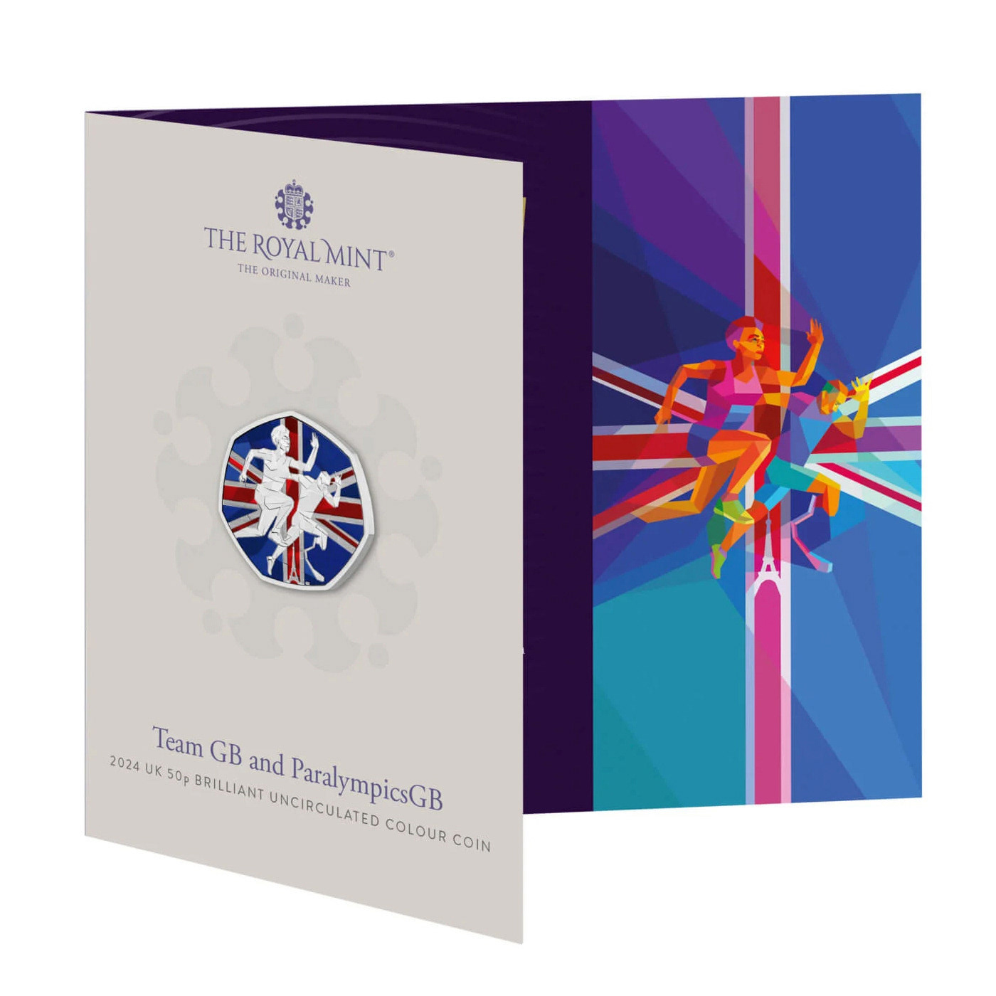 White presentation folder from The Royal Mint displaying a colorized commemorative coin, with the same vibrant geometric athlete artwork serving as the background design. The folder is titled "Team GB and ParalympicsGB 2024 UK 50p Brilliant Uncirculated Colour Coin.