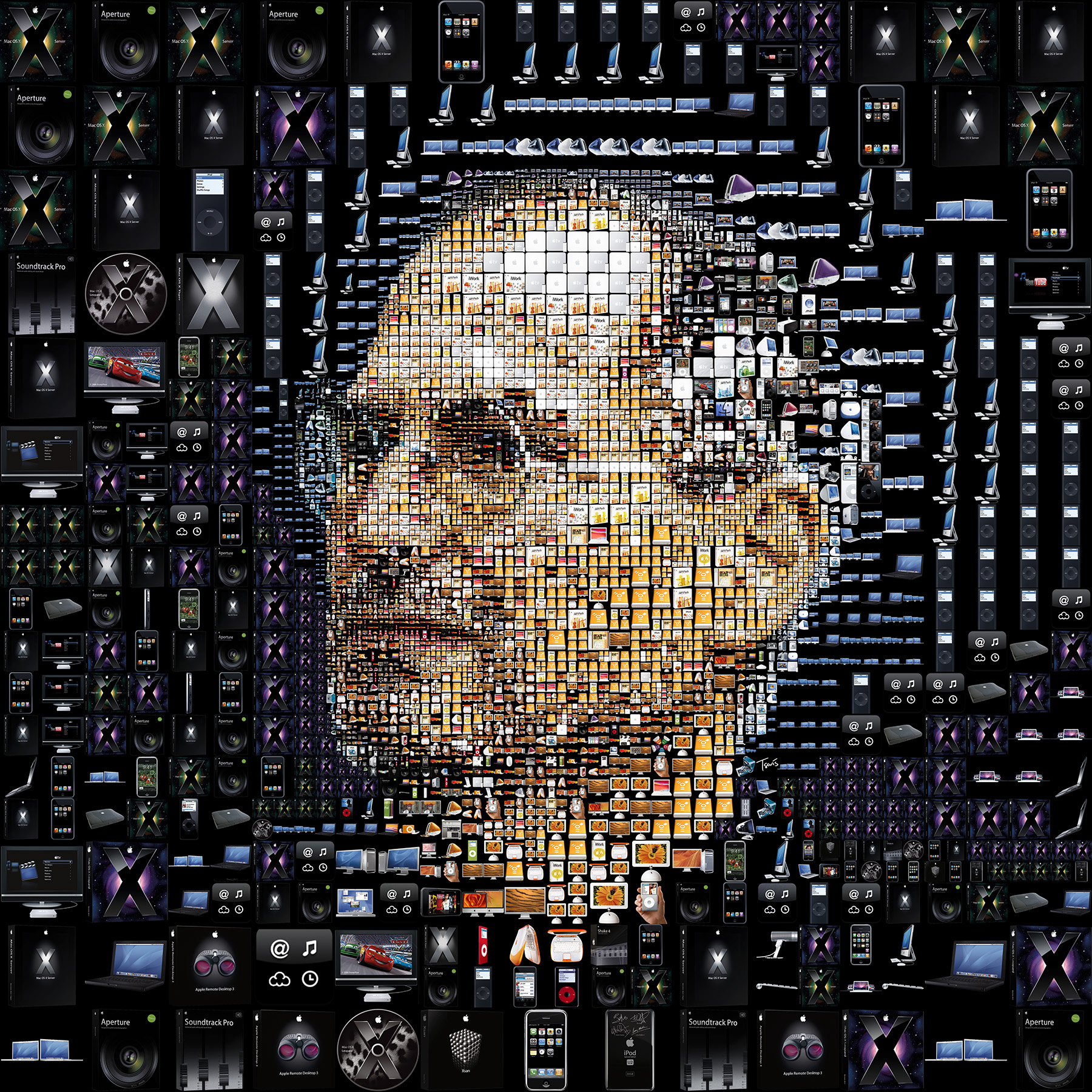 Steve Jobs portrait from Apple products, editorial mosaic illustration