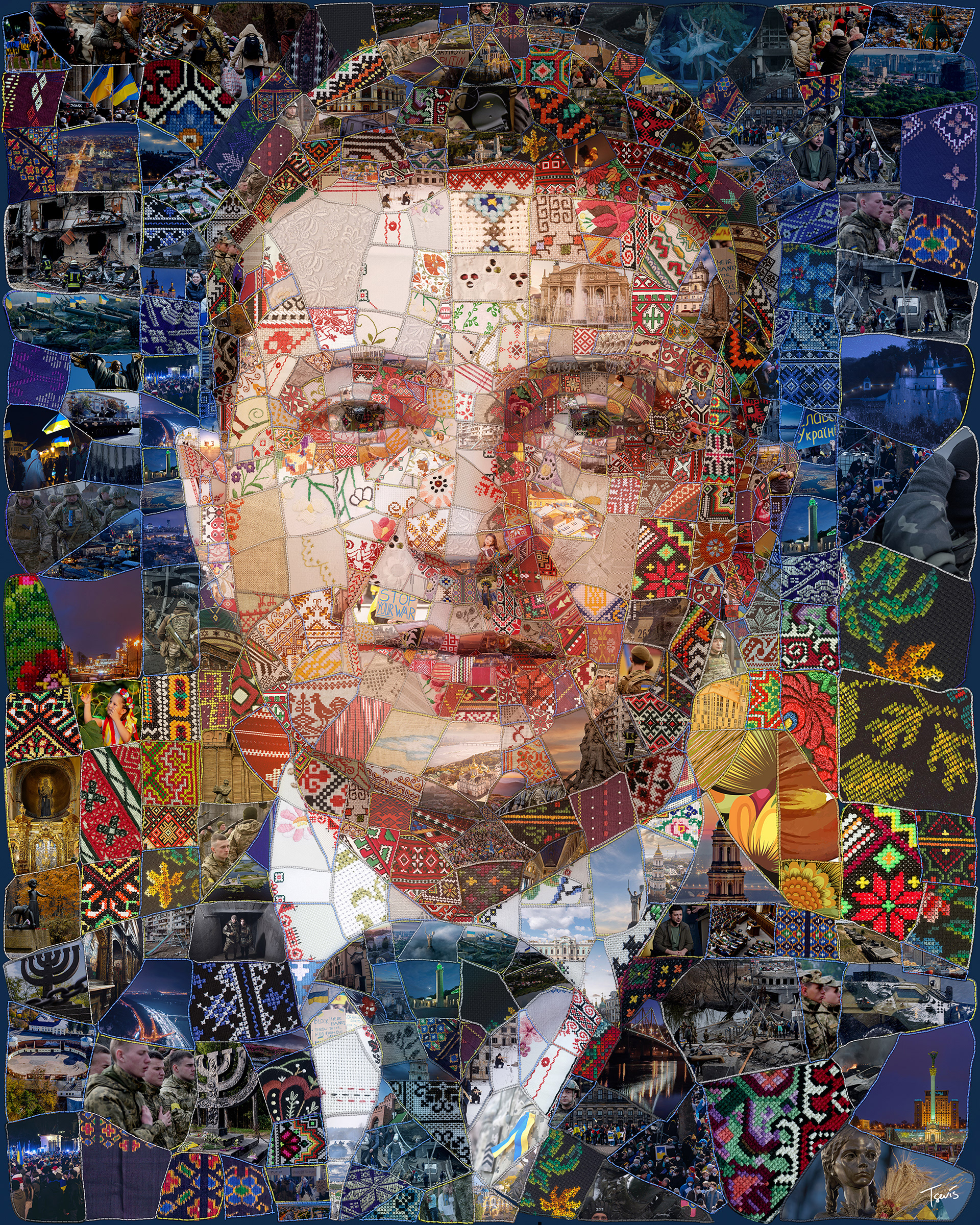 Digital portrait of Zelenskyy, courage, and resilience of Ukraine in digital quilting mosaic