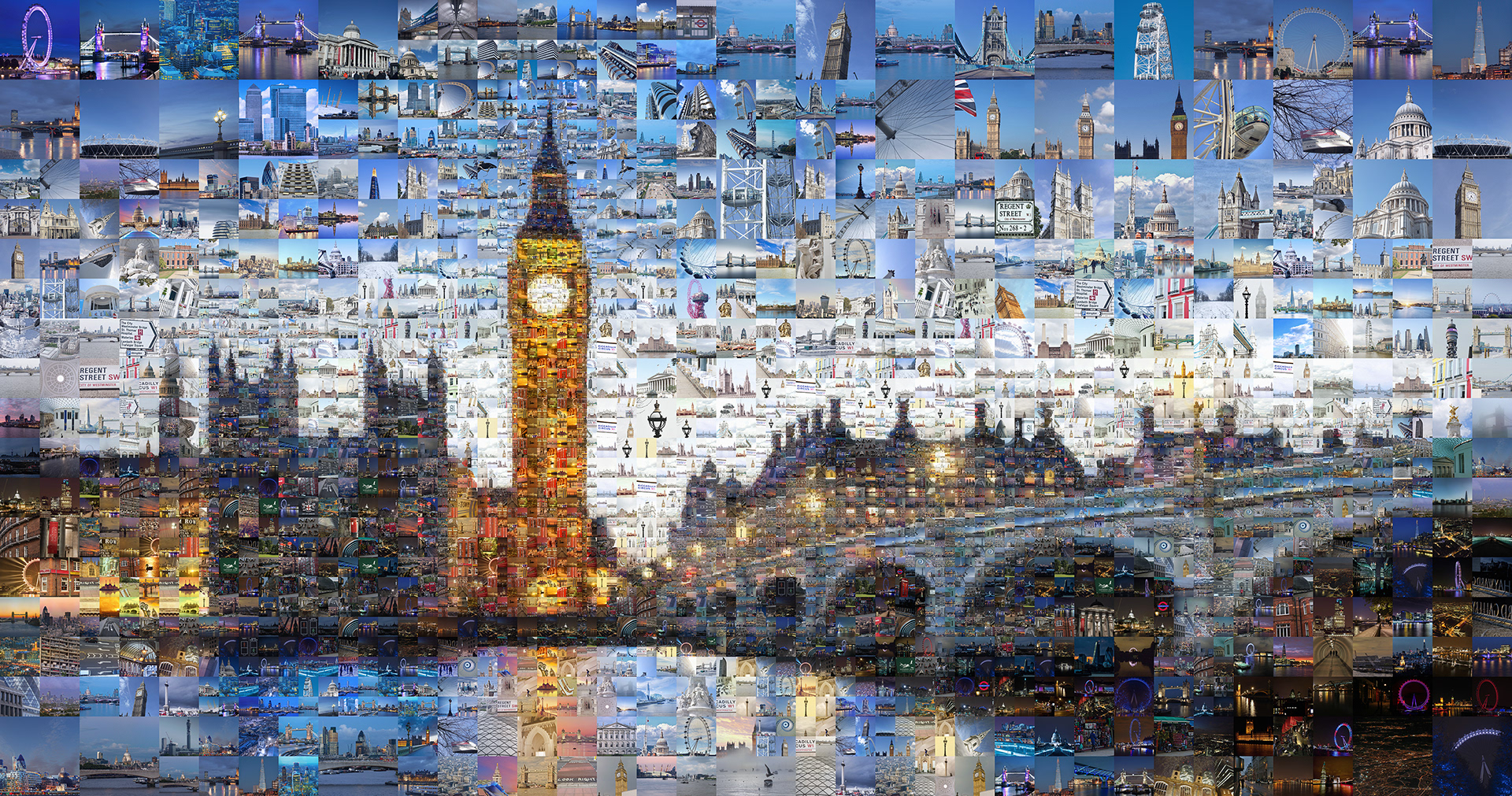 London City portrait made out of thousands of photos in a digital collage, gallery artwork