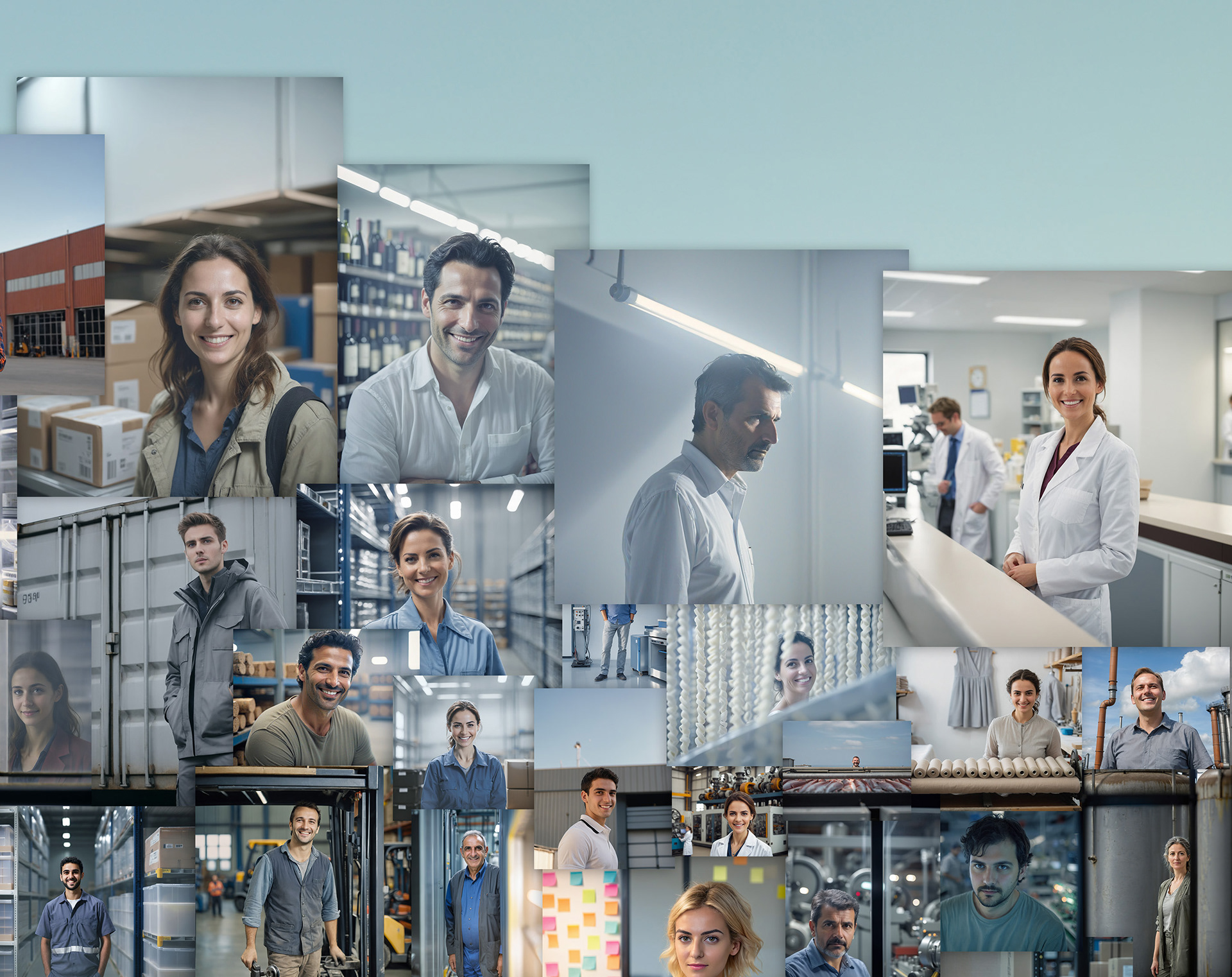 Manufacturing and industrial workers mosaic showing diverse employees in warehouse and production environments.