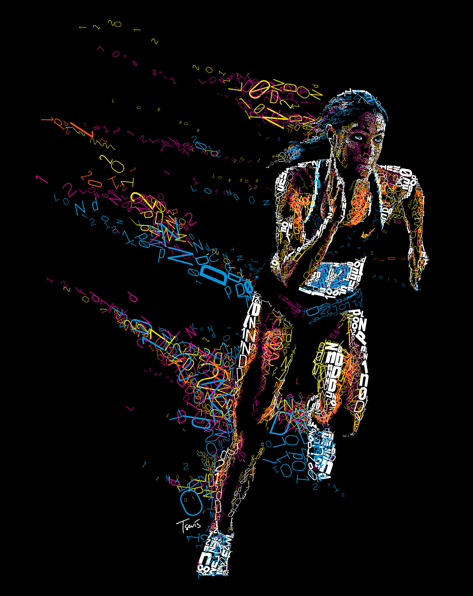 Athlete in motion, Typographic art Olympic themed digital collage