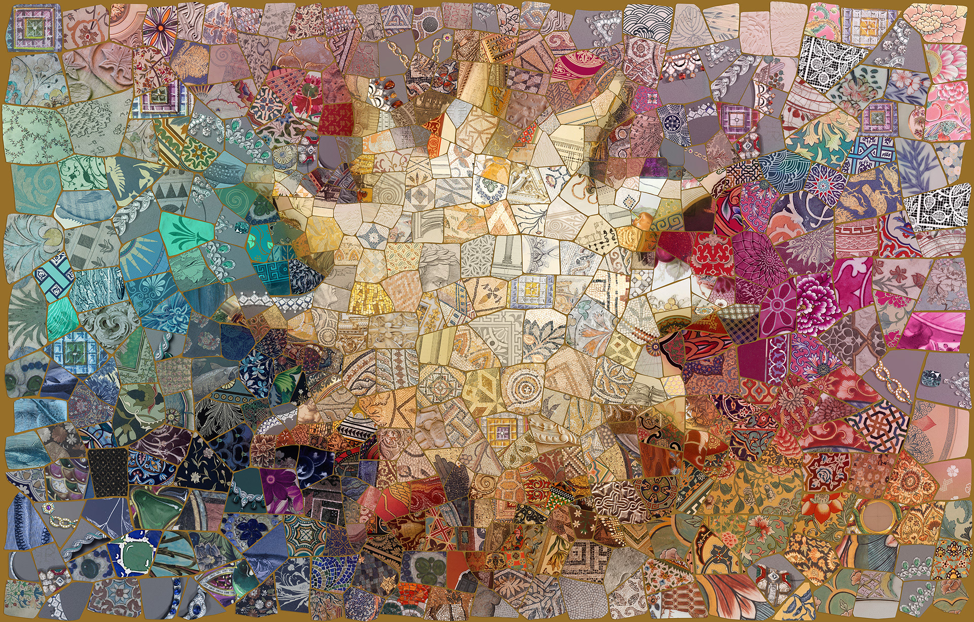 Digital mosaic experimenting with dynamic light effects and fragmented patterns, creating a sense of movement and fluidity.